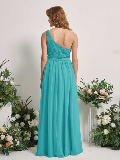 Carlyna Bonita A-Line Turquoise Embroidered Bridesmaid Dress Maxi Sleeveless One Shoulder Dress Back View #color_turquoise