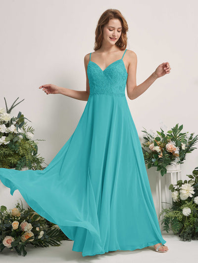 Carlyna Gail A-Line Turquoise Beaded Bridesmaid Dress Maxi Sleeveless V-Neck Dress Front View #color_turquoise