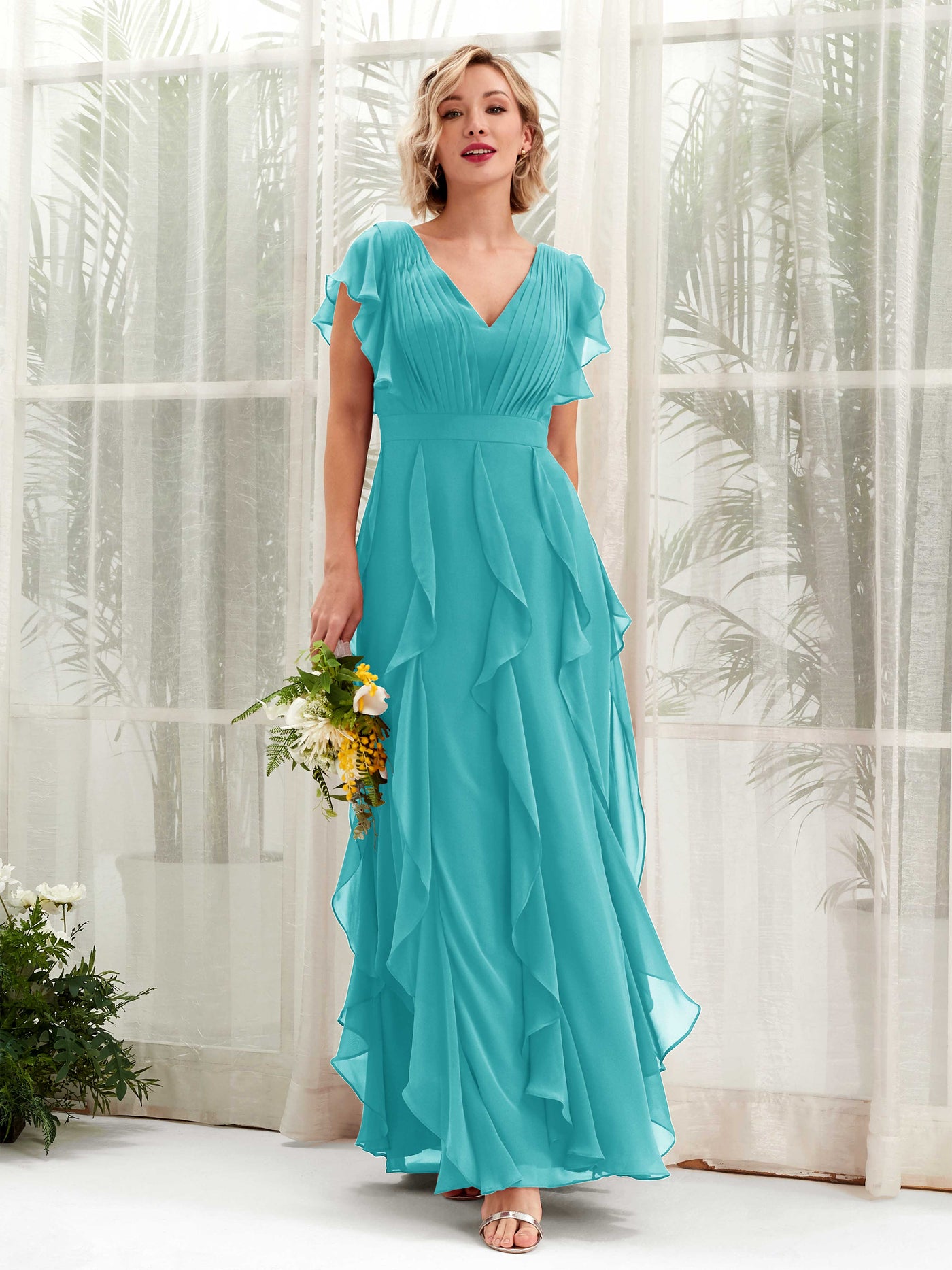 A-line V-neck Short Sleeves Chiffon Bridesmaid Dress - Turquoise (81226023)#color_turquoise