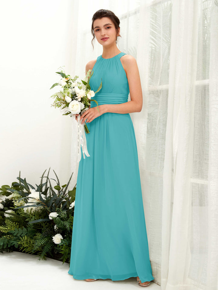 A-line Round Sleeveless Chiffon Bridesmaid Dress - Turquoise (81221523)