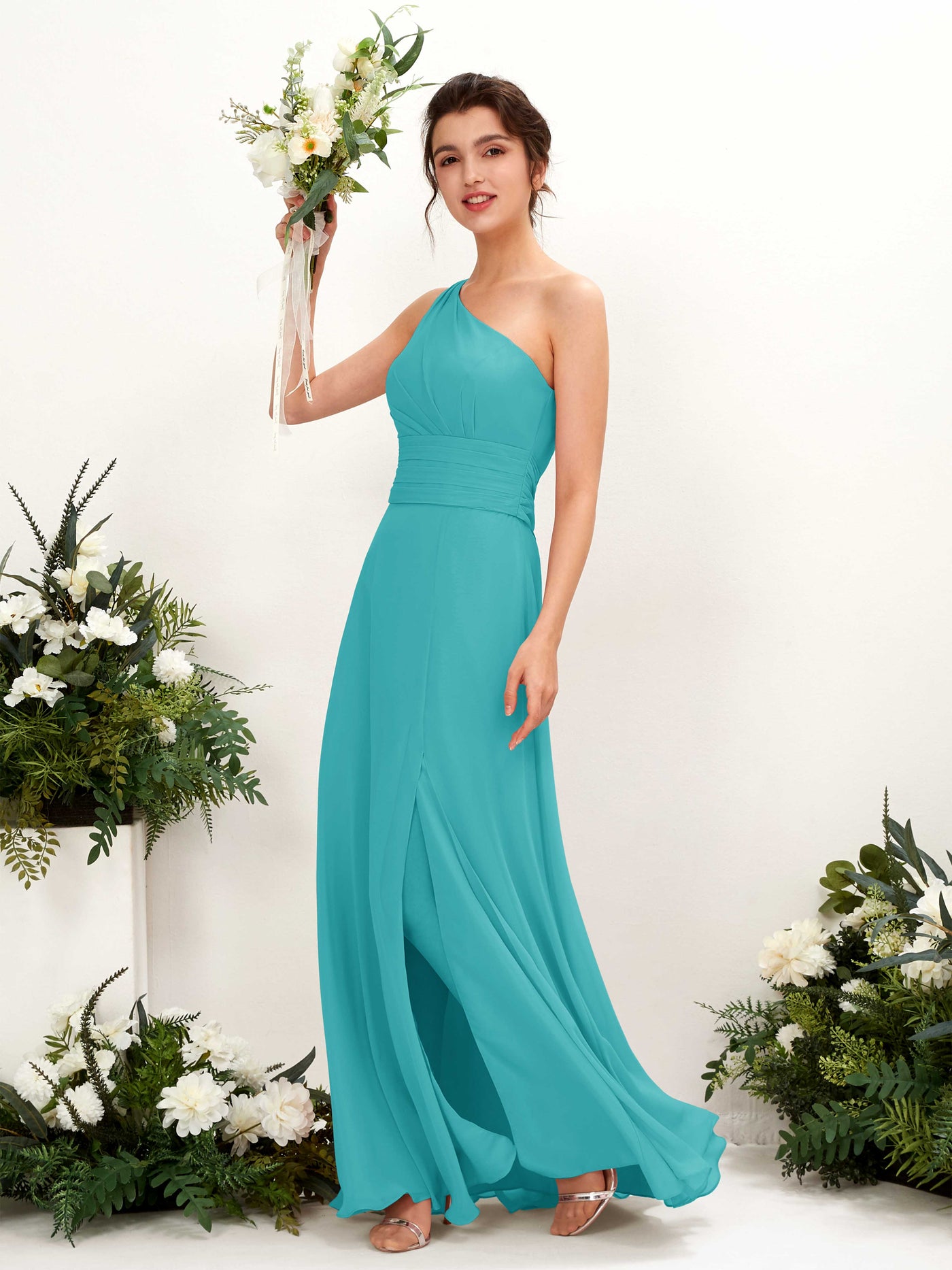 A-line One Shoulder Sleeveless Bridesmaid Dress - Turquoise (81224723)#color_turquoise