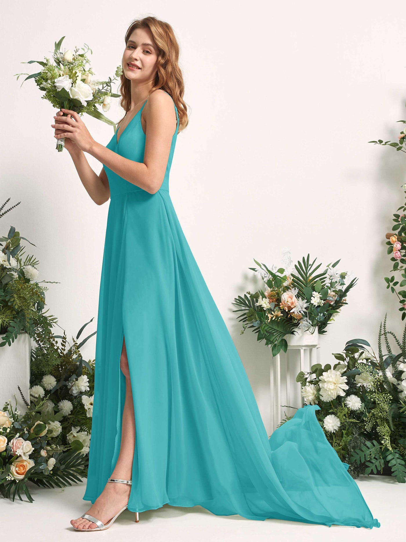 Bridesmaid Dress A-line Chiffon Spaghetti-straps Full Length Sleeveless Wedding Party Dress - Turquoise (81227723)#color_turquoise