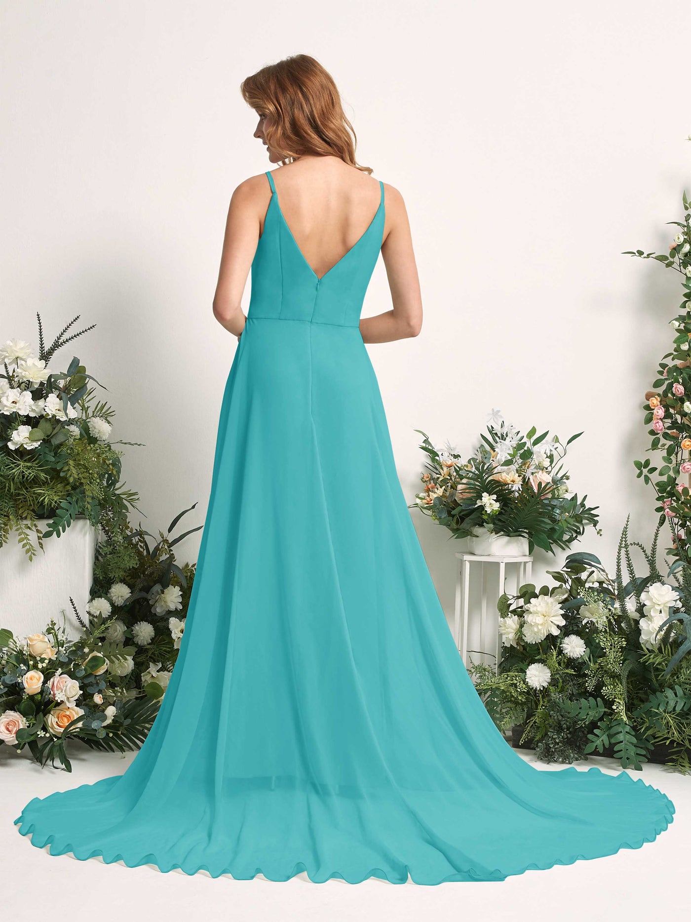 Bridesmaid Dress A-line Chiffon Spaghetti-straps Full Length Sleeveless Wedding Party Dress - Turquoise (81227723)#color_turquoise
