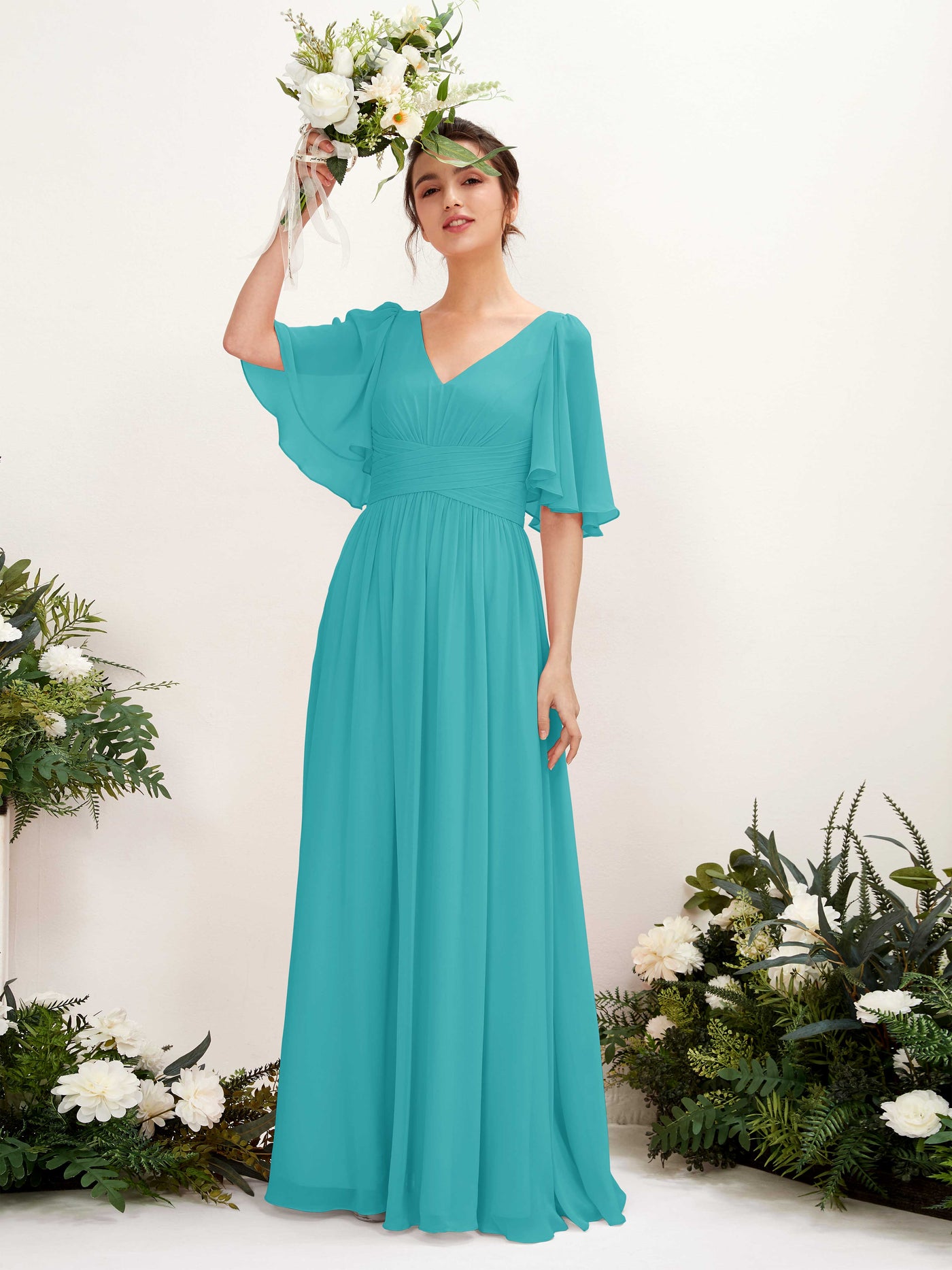 A-line V-neck 1/2 Sleeves Chiffon Bridesmaid Dress - Turquoise (81221623)#color_turquoise