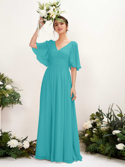 Carlyna Odette A-Line Turquoise Bridesmaid Dress Maxi Short Sleeve V-Neck Dress #color_turquoise