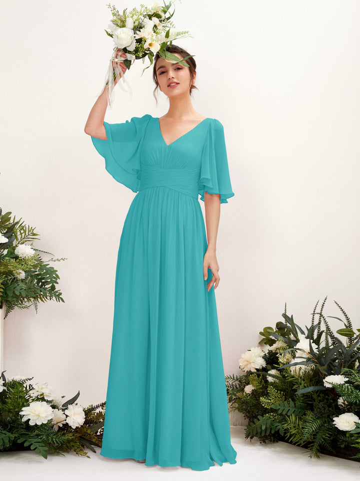 A-line V-neck 1/2 Sleeves Chiffon Bridesmaid Dress - Turquoise (81221623)