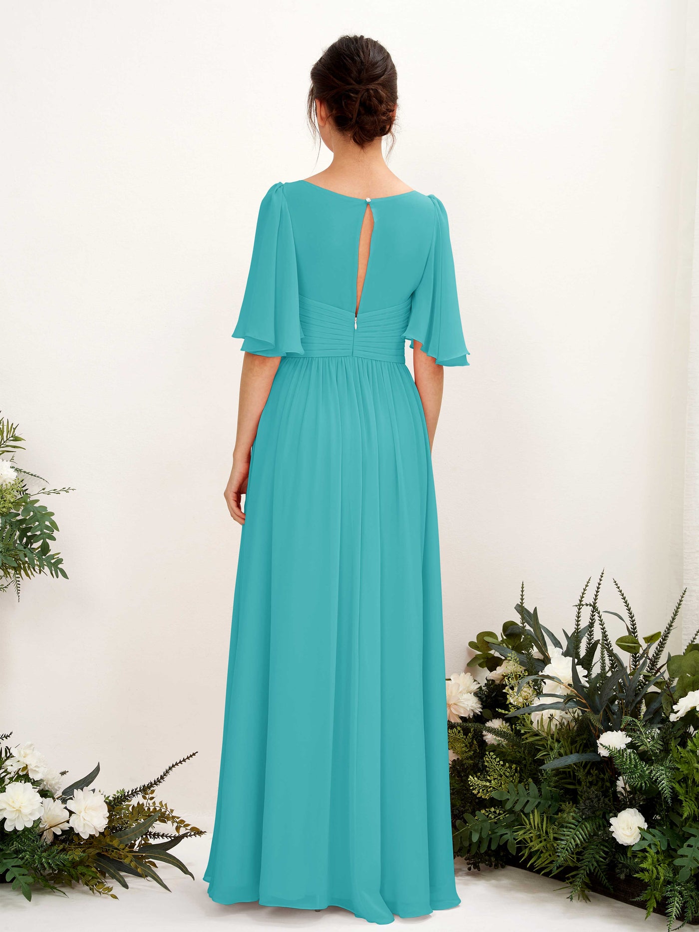 A-line V-neck 1/2 Sleeves Chiffon Bridesmaid Dress - Turquoise (81221623)#color_turquoise