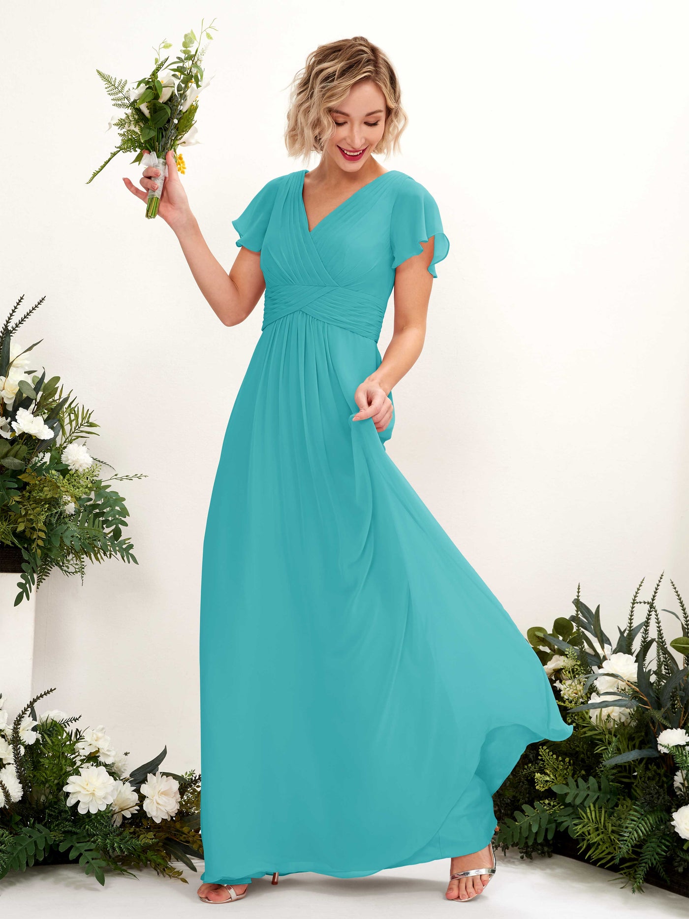 A-line V-neck Cap Sleeves Chiffon Bridesmaid Dress - Turquoise (81224323)#color_turquoise