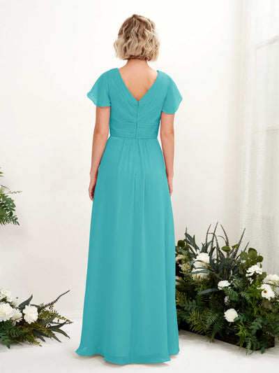 Carlyna Tolly A-Line Turquoise Bridesmaid Dress Maxi Cap Sleeve V-Neck Dress #color_turquoise