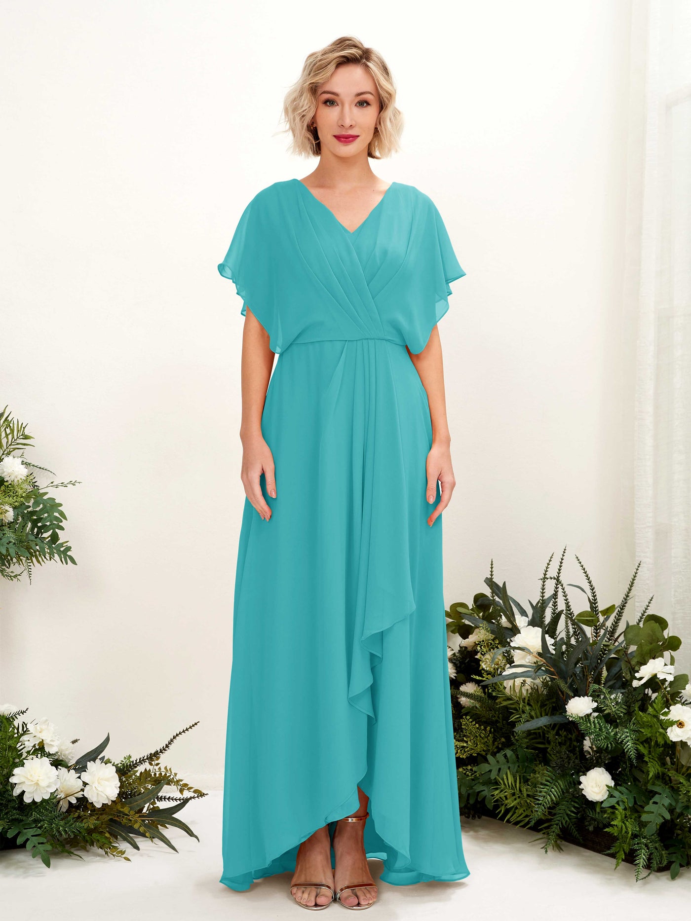 A-line V-neck Short Sleeves Chiffon Bridesmaid Dress - Turquoise (81222123)#color_turquoise