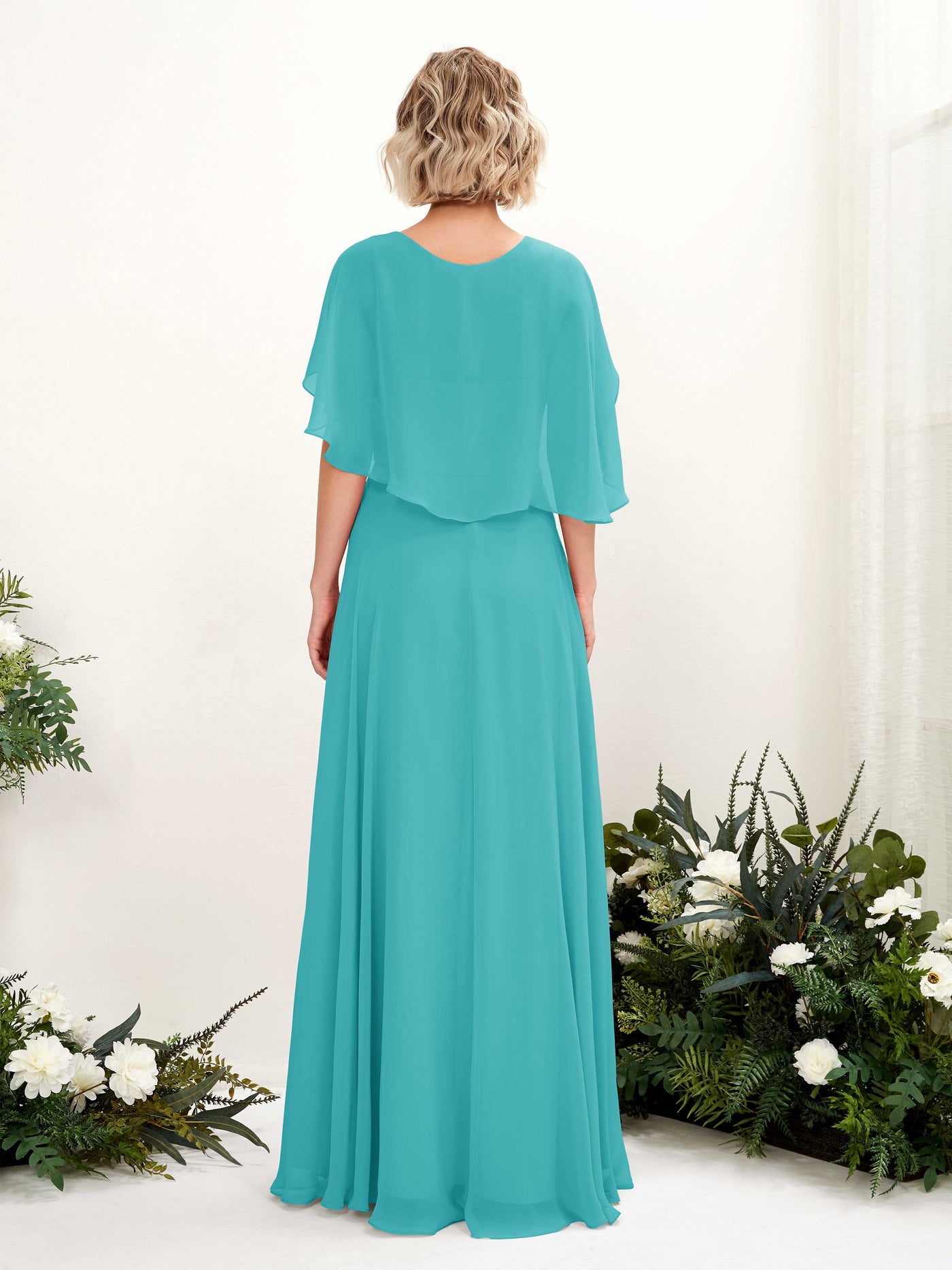 A-line V-neck Short Sleeves Chiffon Bridesmaid Dress - Turquoise (81224423)#color_turquoise