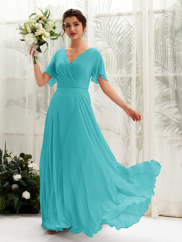 A-line V-neck Short Sleeves Chiffon Bridesmaid Dress - Turquoise (81224623)