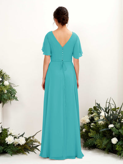 Carlyna Daphne A-Line Turquoise Bridesmaid Dress Maxi Short Sleeve V-Neck Dress Back View #color_turquoise