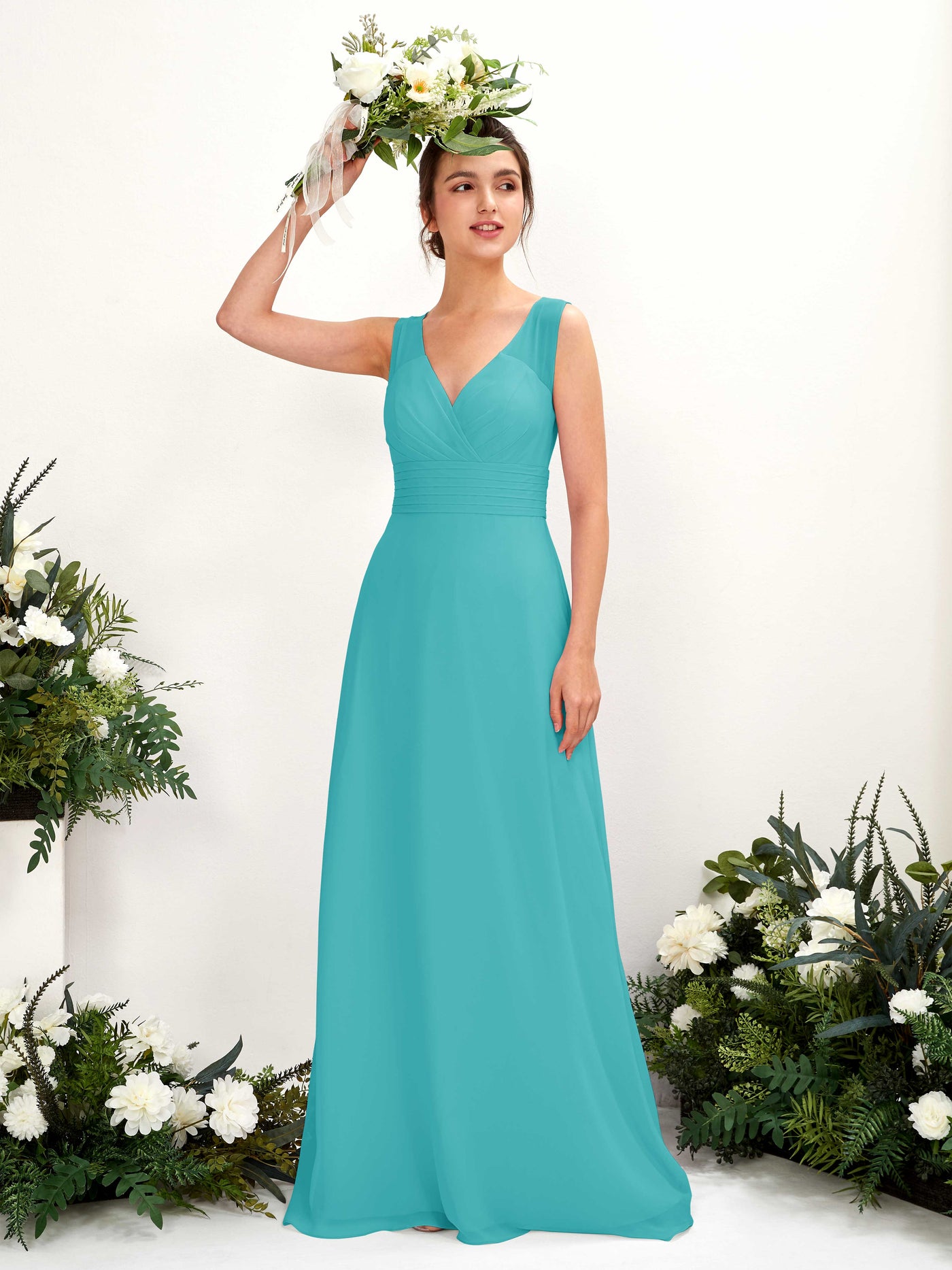 A-line V-neck Sleeveless Chiffon Bridesmaid Dress - Turquoise (81220923)#color_turquoise
