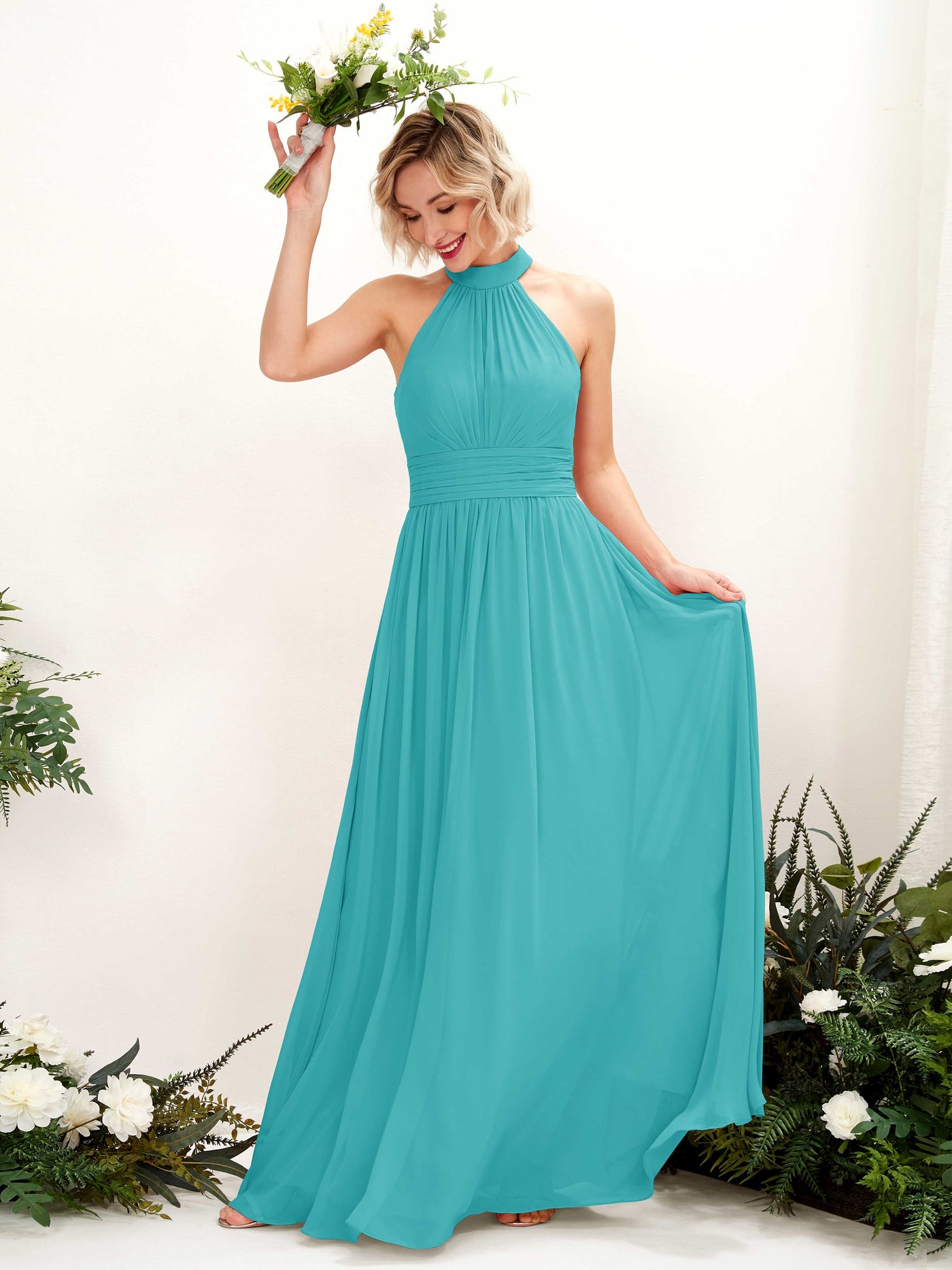 Ball Gown Halter Sleeveless Chiffon Bridesmaid Dress - Turquoise (81225323)#color_turquoise