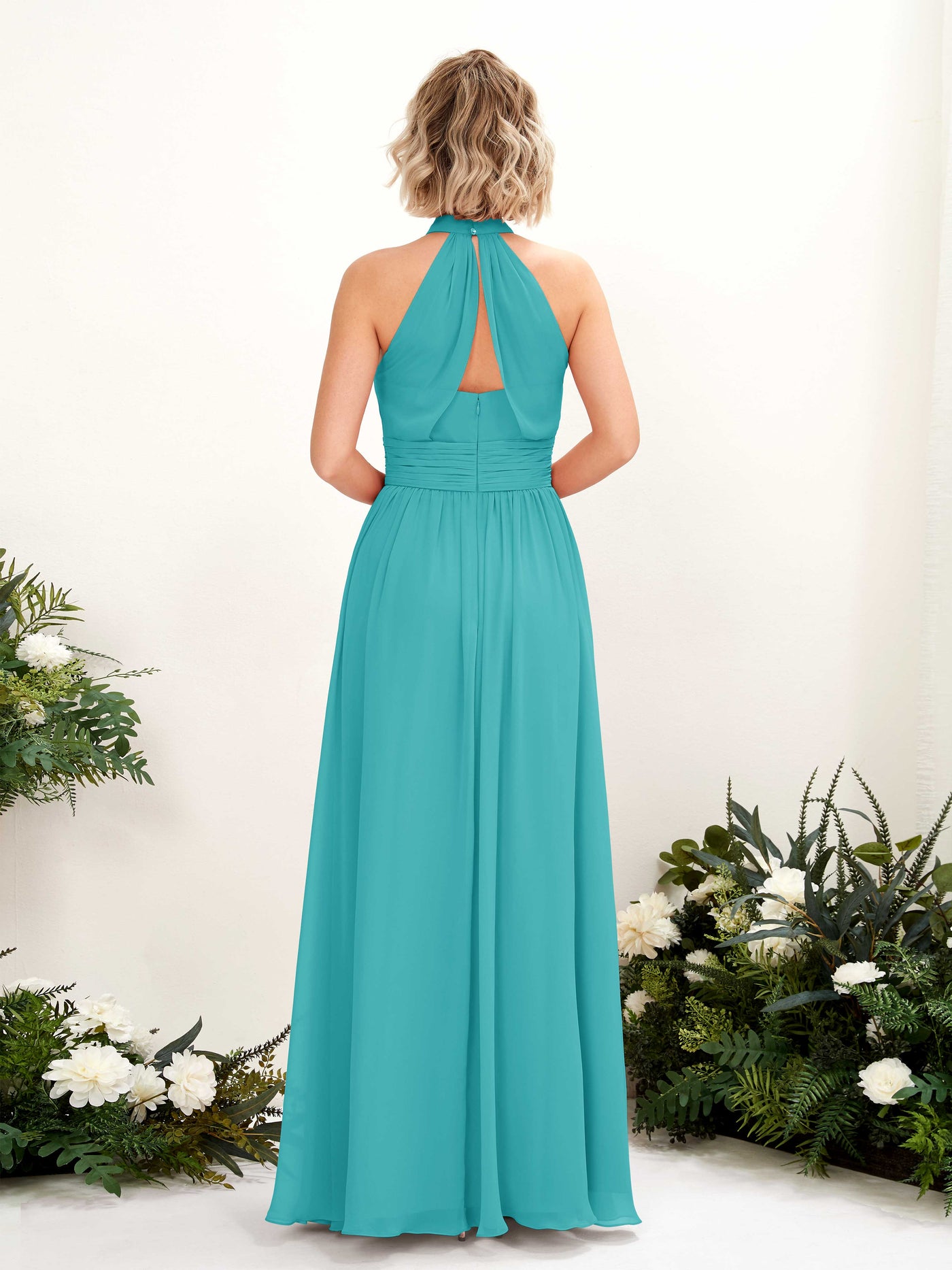 Ball Gown Halter Sleeveless Chiffon Bridesmaid Dress - Turquoise (81225323)#color_turquoise