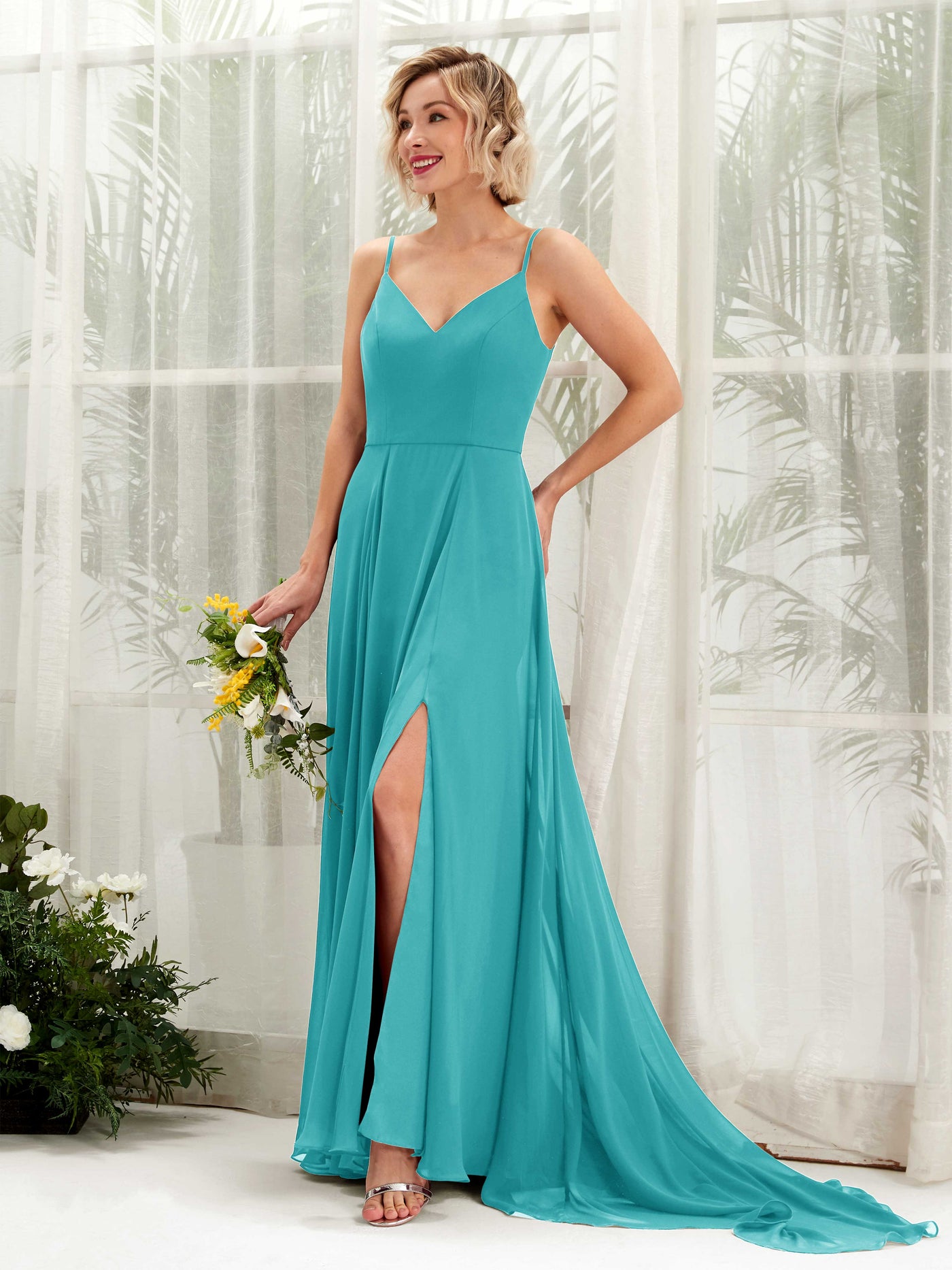 Ball Gown V-neck Sleeveless Bridesmaid Dress - Turquoise (81224123)#color_turquoise