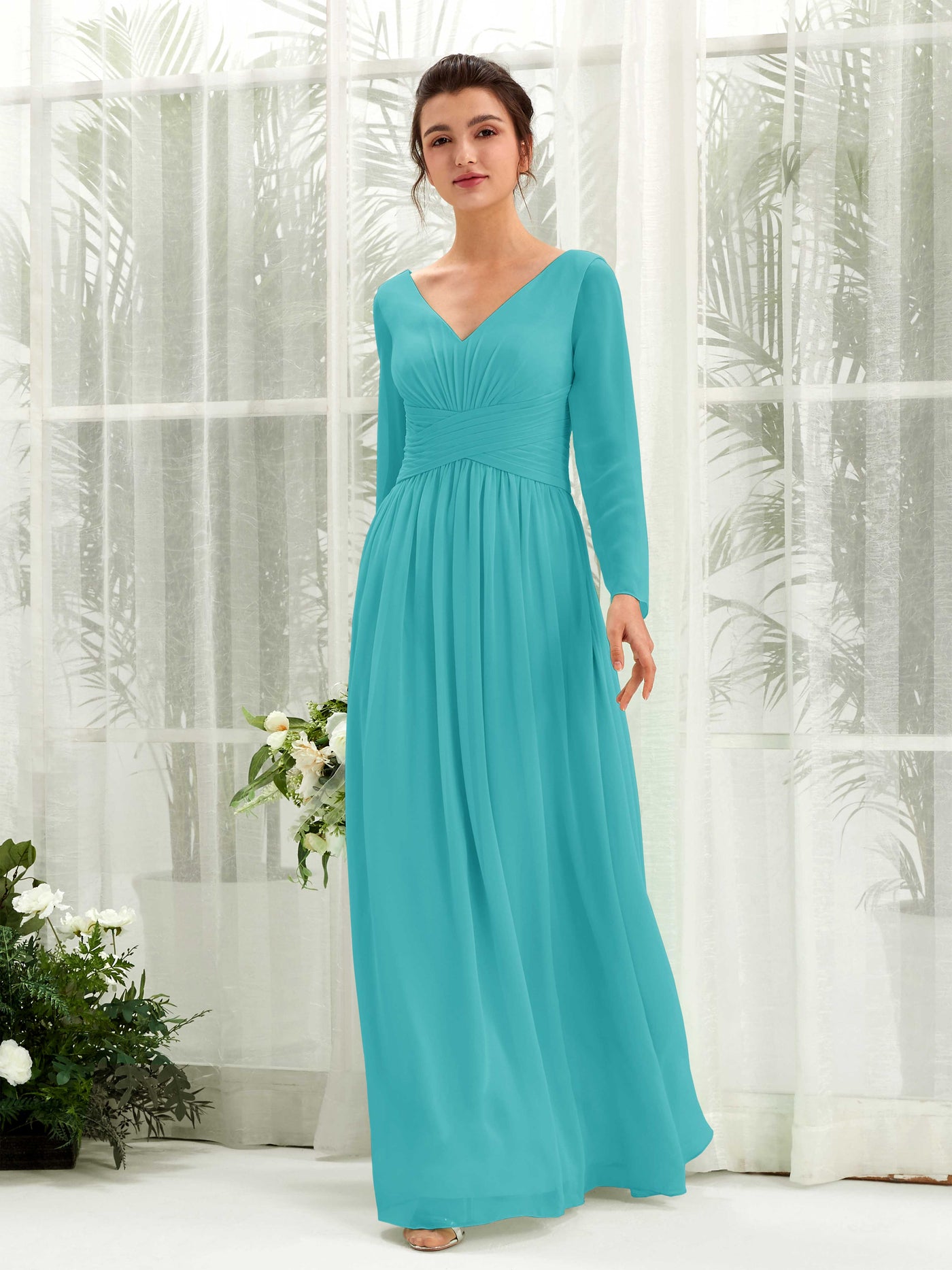 Ball Gown V-neck Long Sleeves Chiffon Bridesmaid Dress - Turquoise (81220323)#color_turquoise