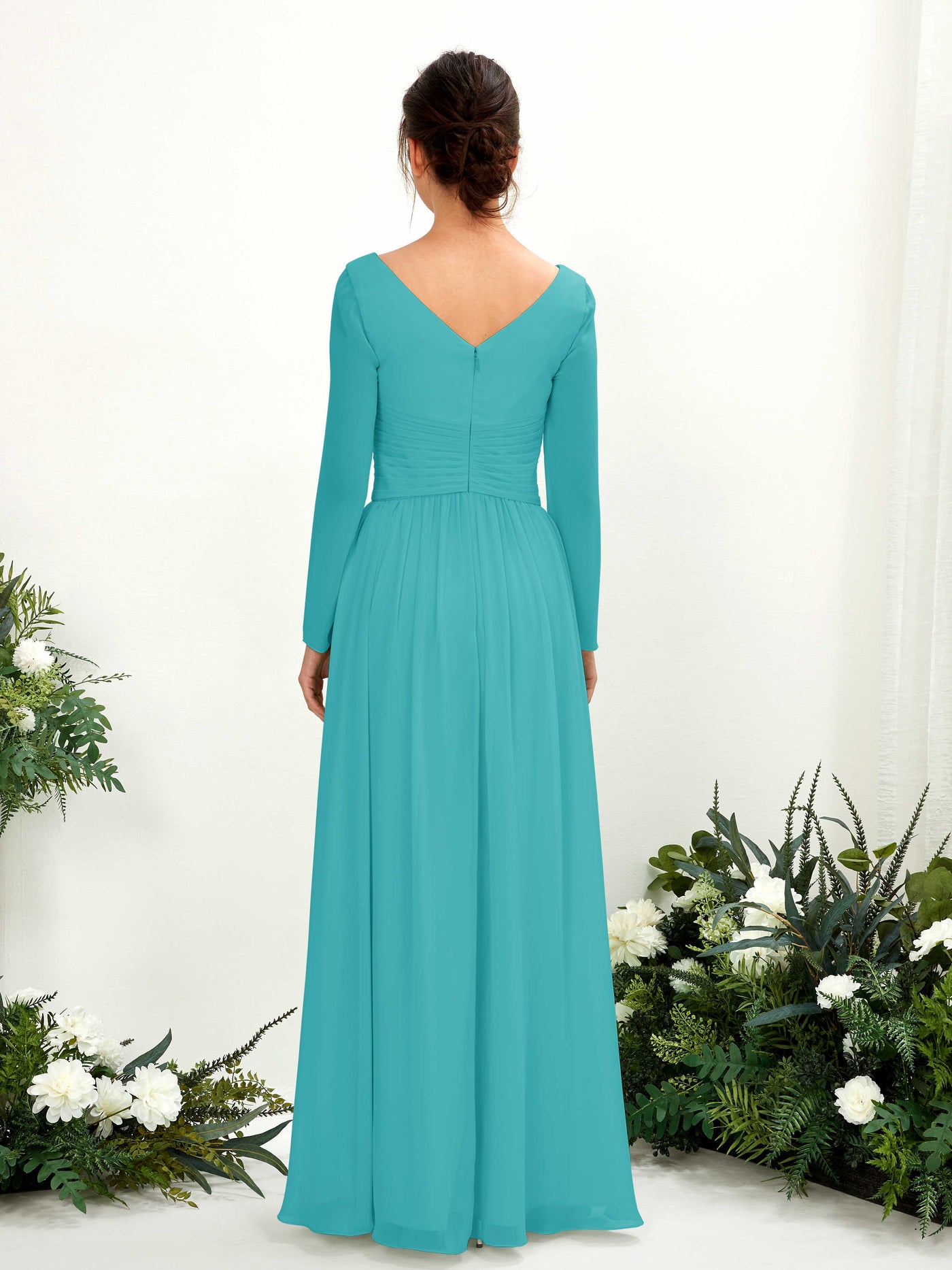 Ball Gown V-neck Long Sleeves Chiffon Bridesmaid Dress - Turquoise (81220323)#color_turquoise