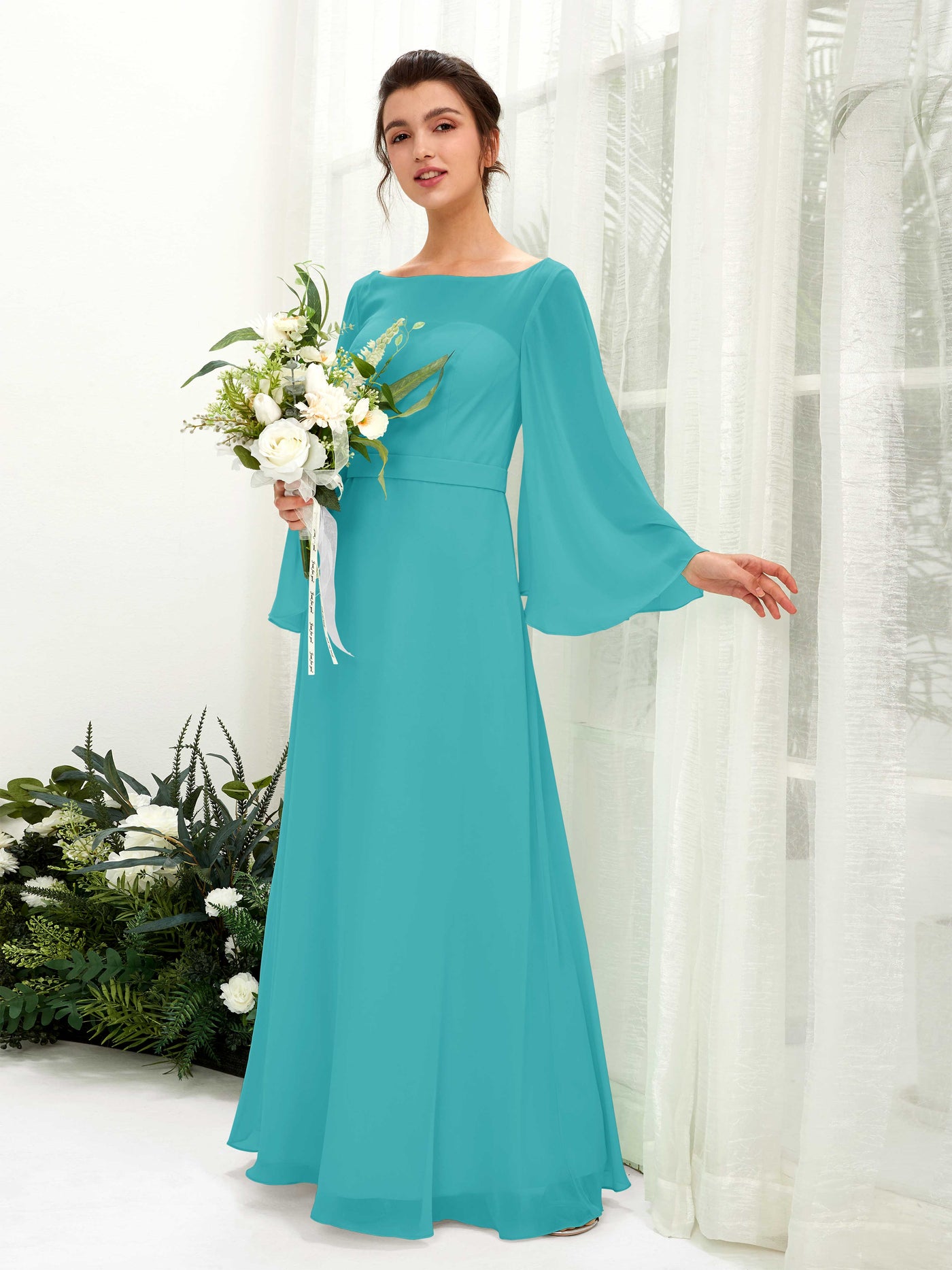 Bateau Illusion Long Sleeves Chiffon Bridesmaid Dress - Turquoise (81220523)#color_turquoise