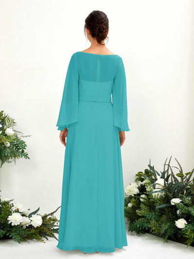 Carlyna Elie A-Line Turquoise Bridesmaid Dress Maxi Long Sleeve Boat Neck Back View #color_turquoise