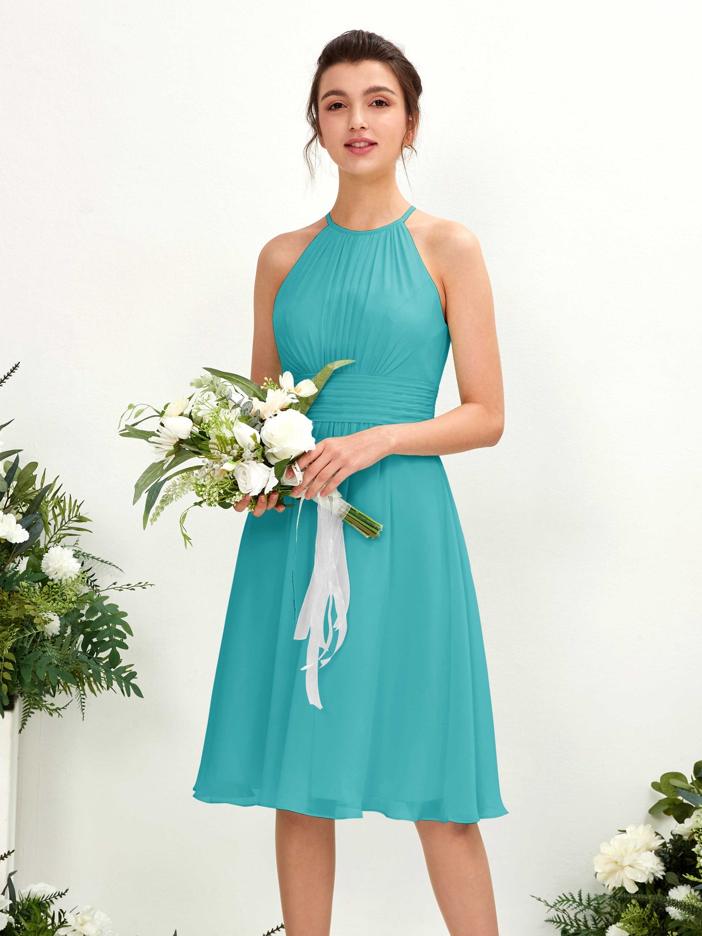 Halter Sleeveless Chiffon Bridesmaid Dress - Turquoise (81220123)#color_turquoise