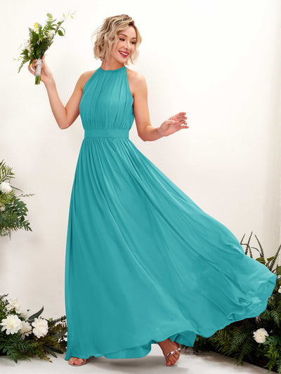 Carlyna Eden A-Line Turquoise Bridesmaid Dress Maxi Sleeveless Round Neck Dress Front View #color_turquoise