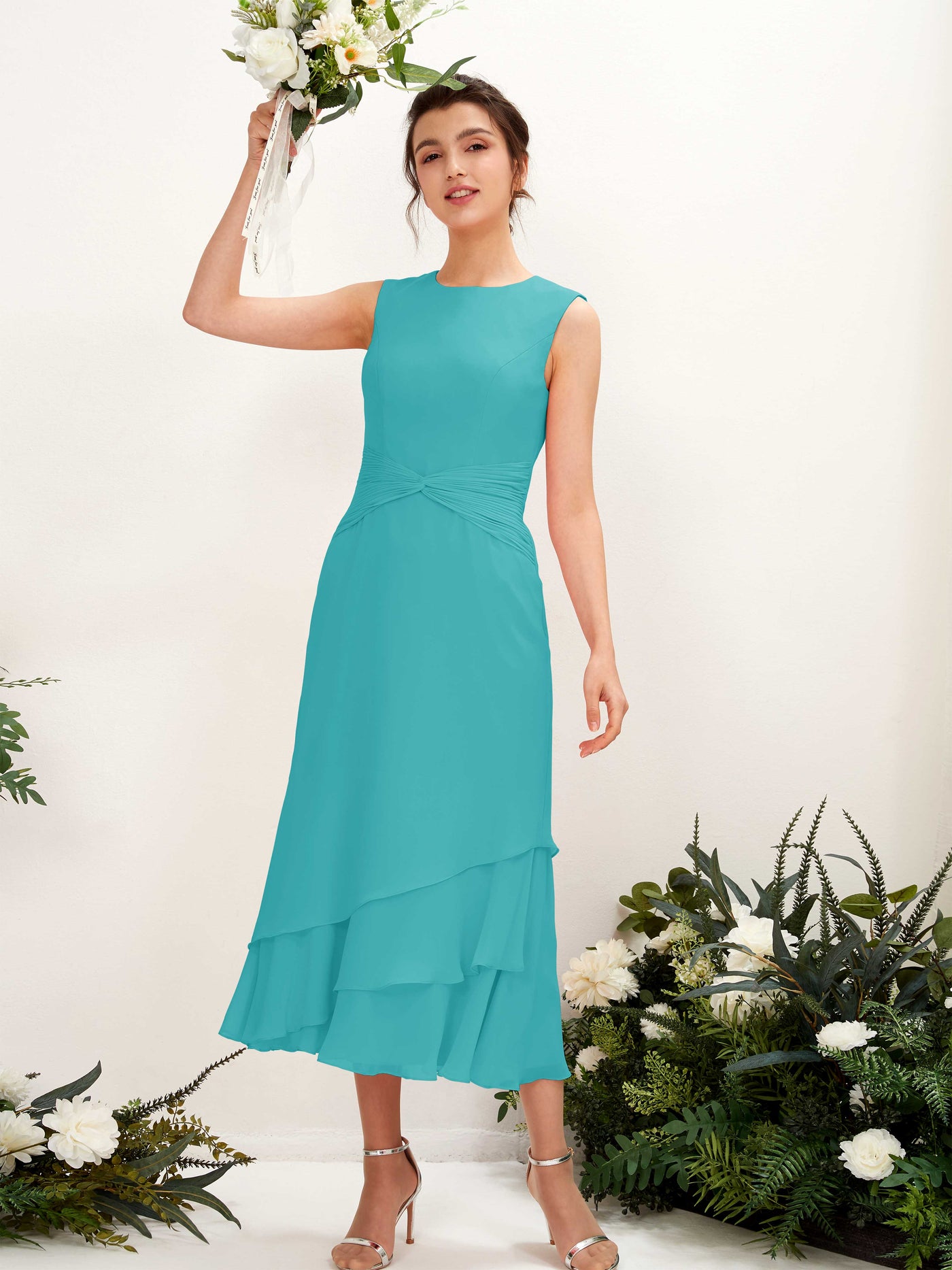 Mermaid/Trumpet Round Sleeveless Chiffon Bridesmaid Dress - Turquoise (81221923)#color_turquoise