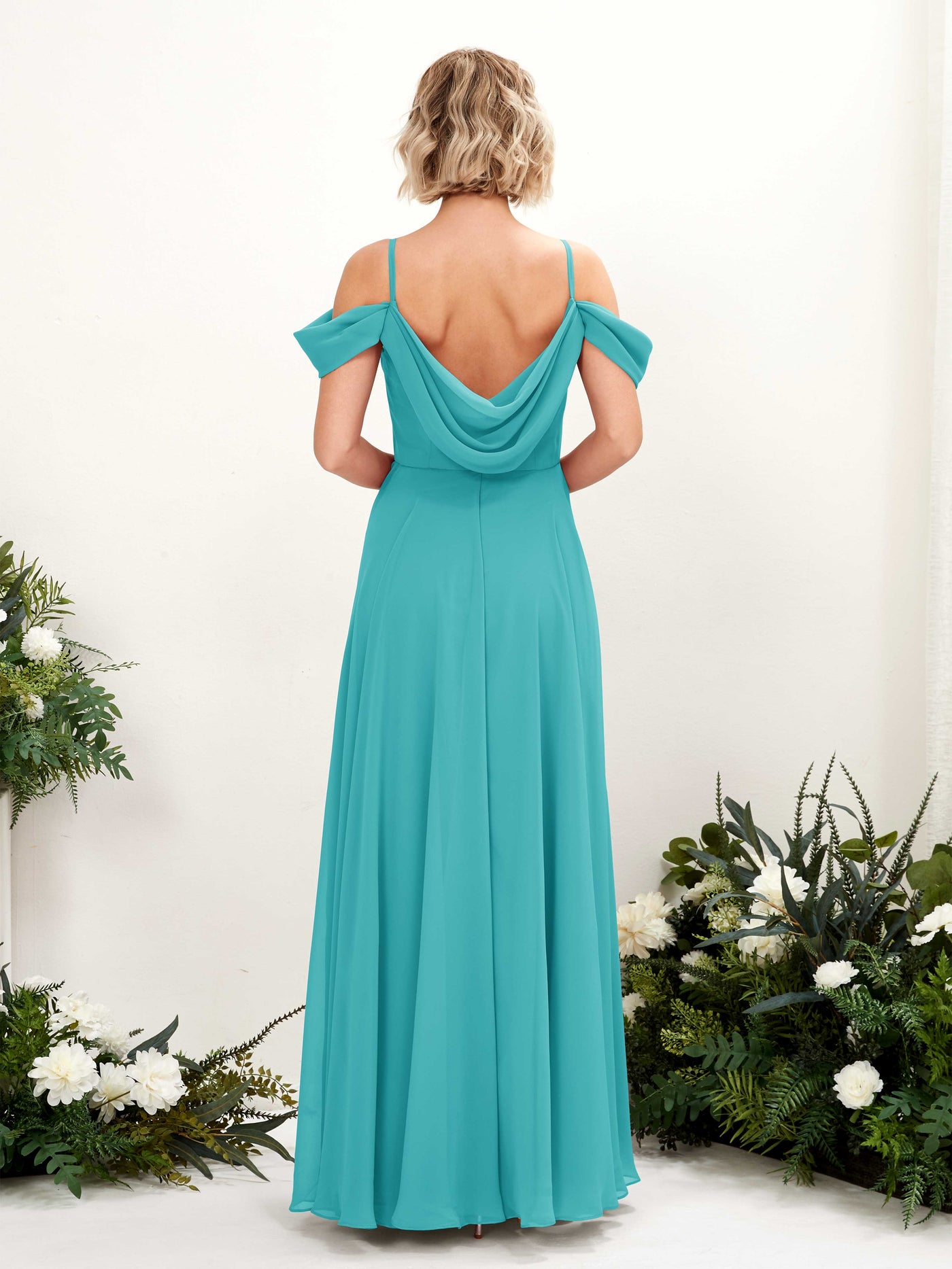 Off Shoulder Straps V-neck Sleeveless Chiffon Bridesmaid Dress - Turquoise (81224923)#color_turquoise