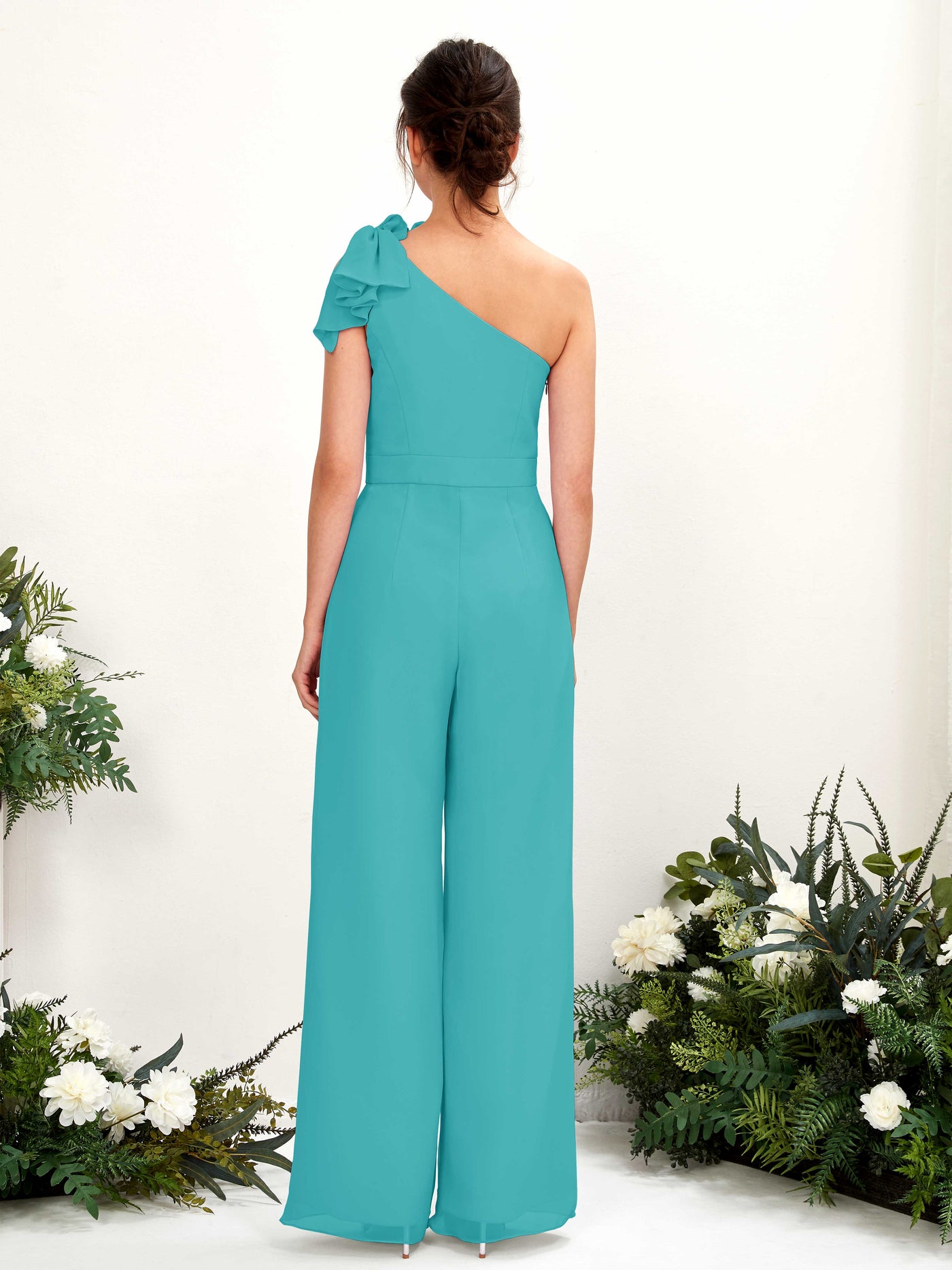 One Shoulder Sleeveless Chiffon Bridesmaid Wide-Leg Jumpsuit - Turquoise (81220823)#color_turquoise