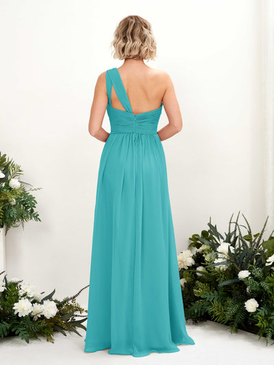 Carlyna Flaze A-Line Turquoise Bridesmaid Dress Maxi Sleeveless One Shoulder Dress Back View #color_turquoise
