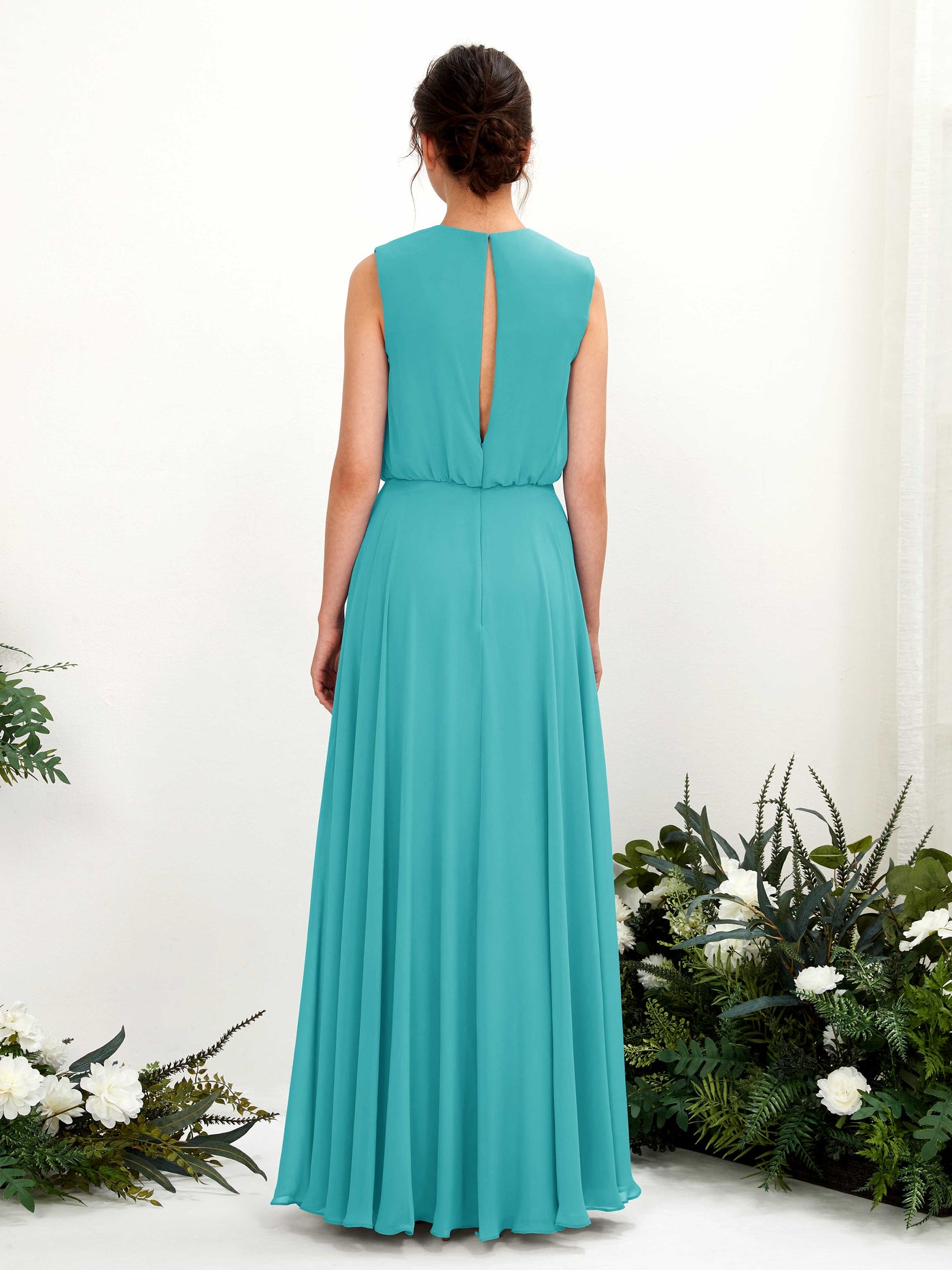 Round Sleeveless Chiffon Bridesmaid Dress - Turquoise (81222823)#color_turquoise