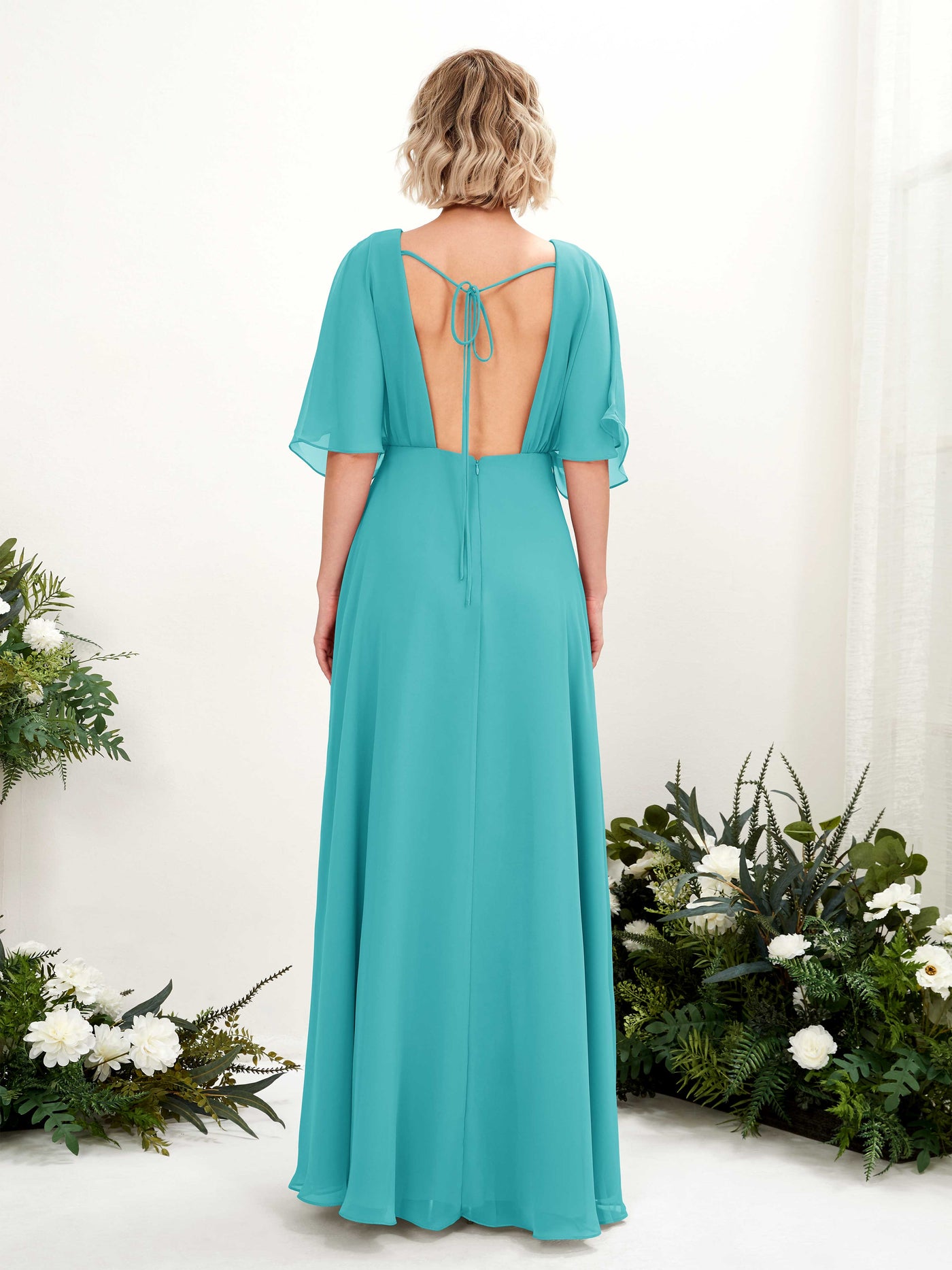V-neck 1/2 Sleeves Chiffon Bridesmaid Dress - Turquoise (81225123)#color_turquoise
