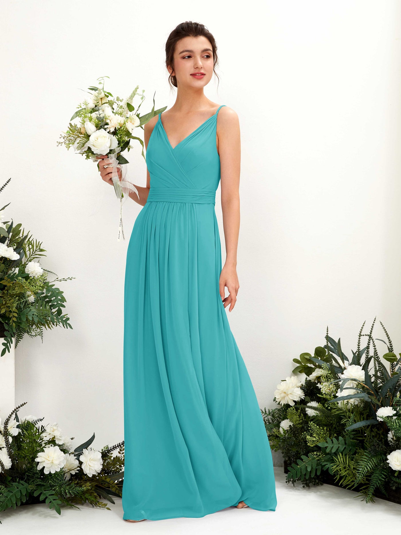 Spaghetti-straps V-neck Sleeveless Bridesmaid Dress - Turquoise (81223923)#color_turquoise