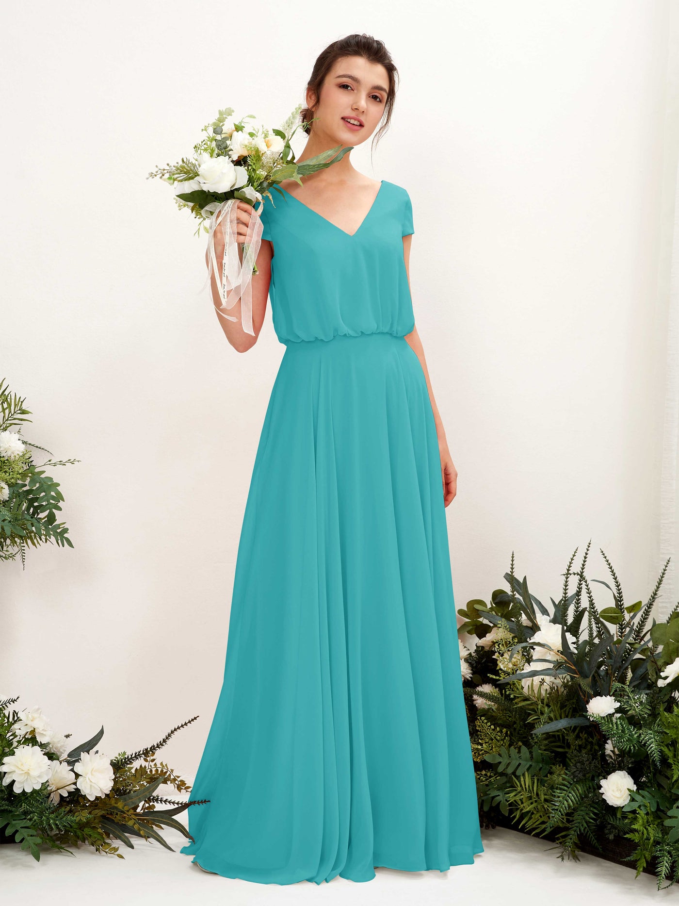 V-neck Cap Sleeves Chiffon Bridesmaid Dress - Turquoise (81221823)#color_turquoise