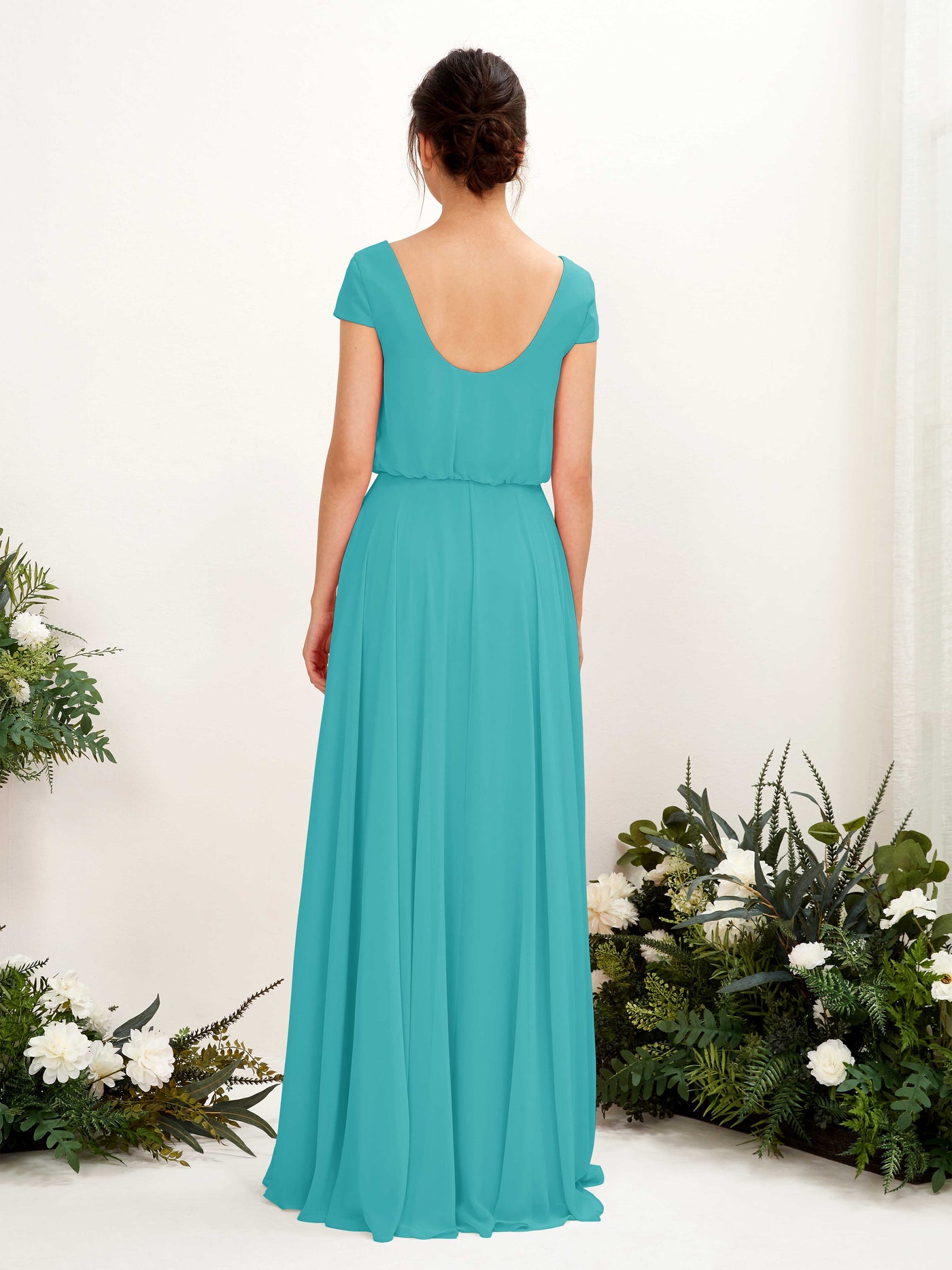 V-neck Cap Sleeves Chiffon Bridesmaid Dress - Turquoise (81221823)#color_turquoise