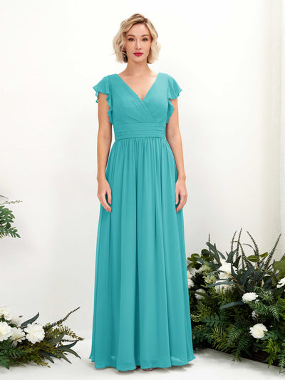 Carlyna Grino A-Line Turquoise Bridesmaid Dress Maxi Cap Sleeve V-Neck Dress Front View #color_turquoise