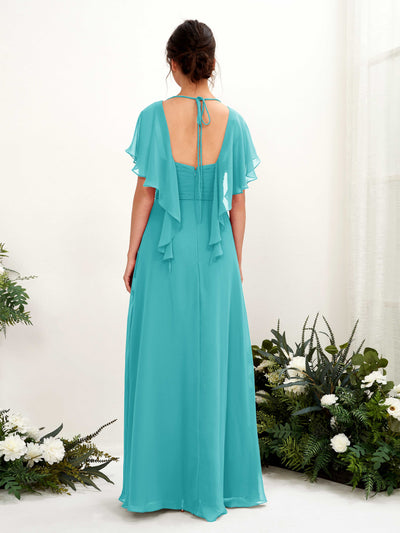 Carlyna Darlene A-Line Turquoise Bridesmaid Dress Maxi Short Sleeve V-Neck Dress Back View #color_turquoise