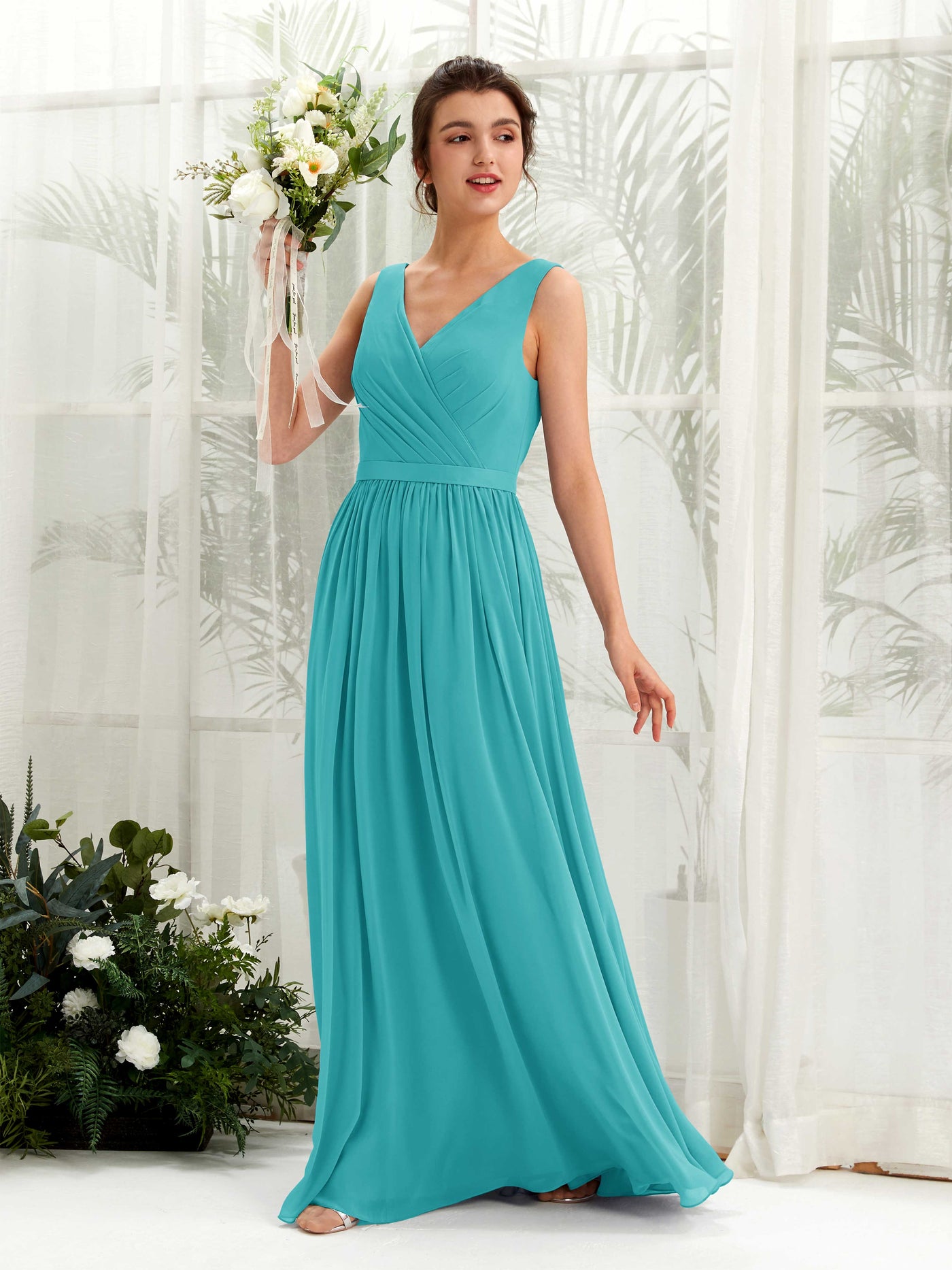 V-neck Sleeveless Chiffon Bridesmaid Dress - Turquoise (81223623)#color_turquoise
