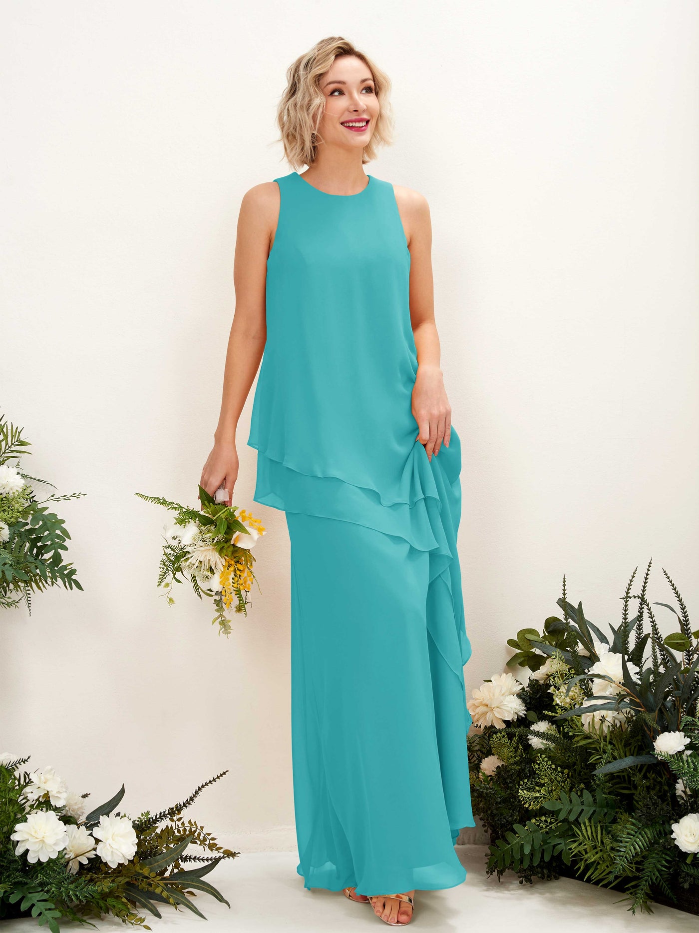 Round Sleeveless Chiffon Bridesmaid Dress - Turquoise (81222323)#color_turquoise