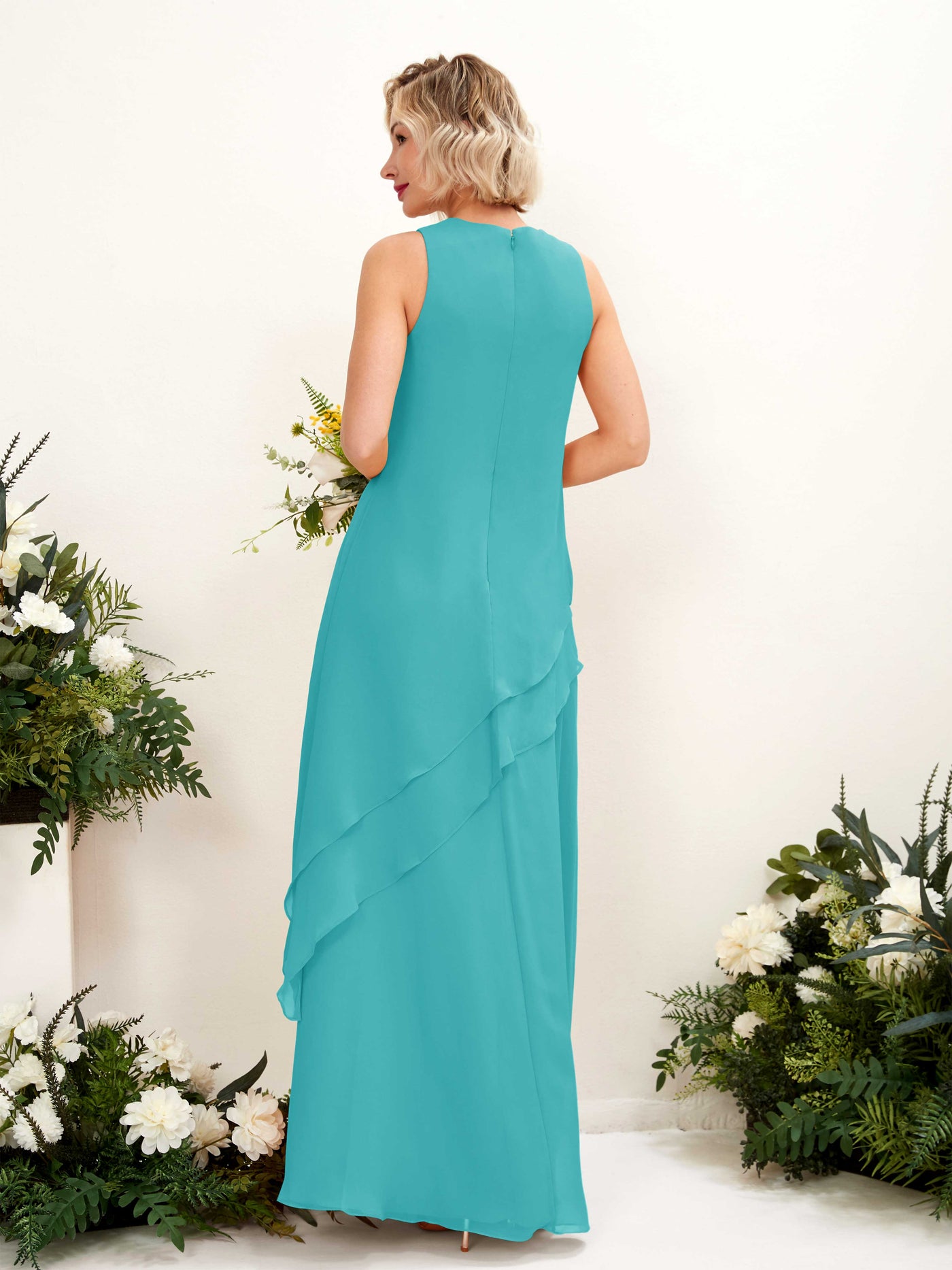 Round Sleeveless Chiffon Bridesmaid Dress - Turquoise (81222323)#color_turquoise