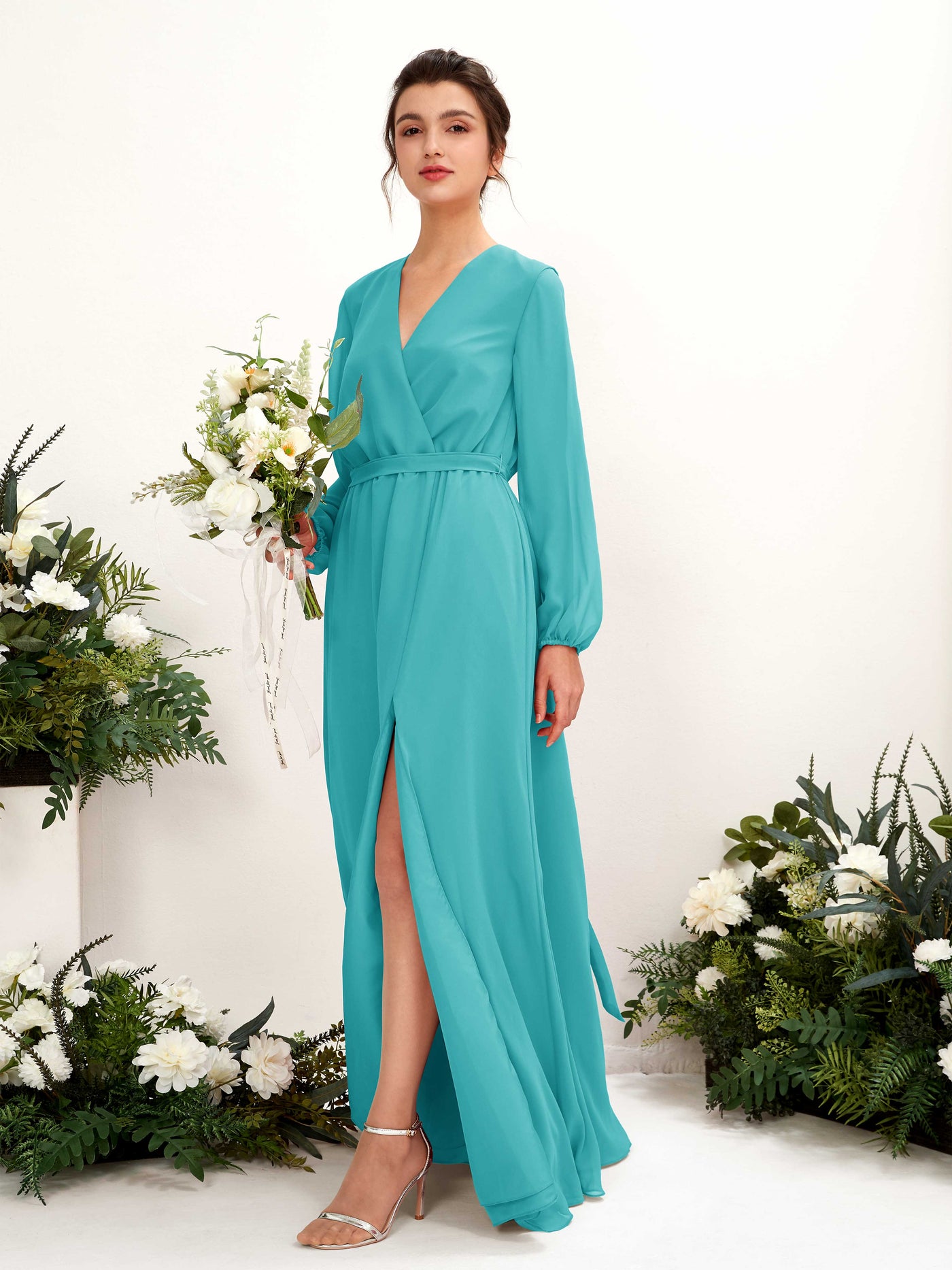 V-neck Long Sleeves Chiffon Bridesmaid Dress - Turquoise (81223223)#color_turquoise