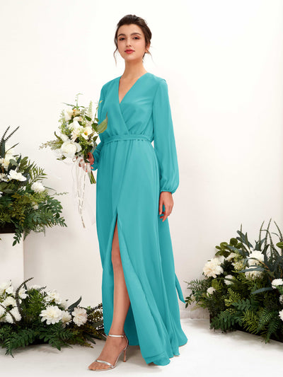 Carlyna Elsie A-Line Turquoise Bridesmaid Dress Maxi Long Sleeve V-Neck Front View #color_turquoise