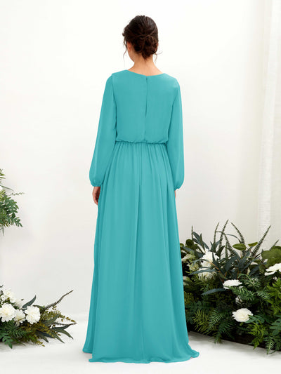 Carlyna Ginny A-Line Turquoise Bridesmaid Dress Maxi Long Sleeve V-Neck Back View #color_turquoise