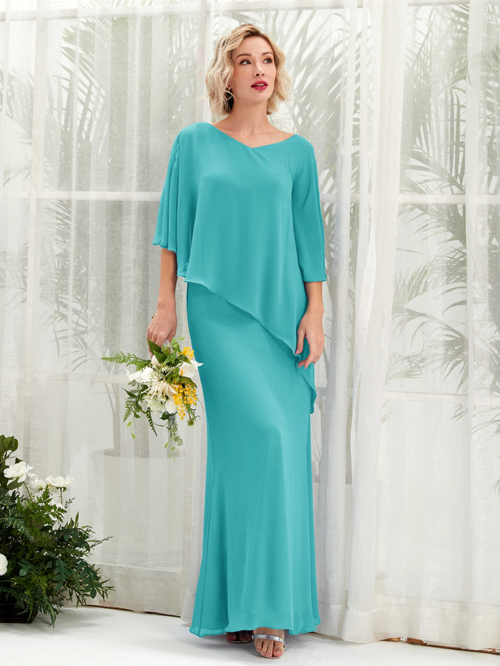 V-neck 3/4 Sleeves Chiffon Bridesmaid Dress - Turquoise (81222523)