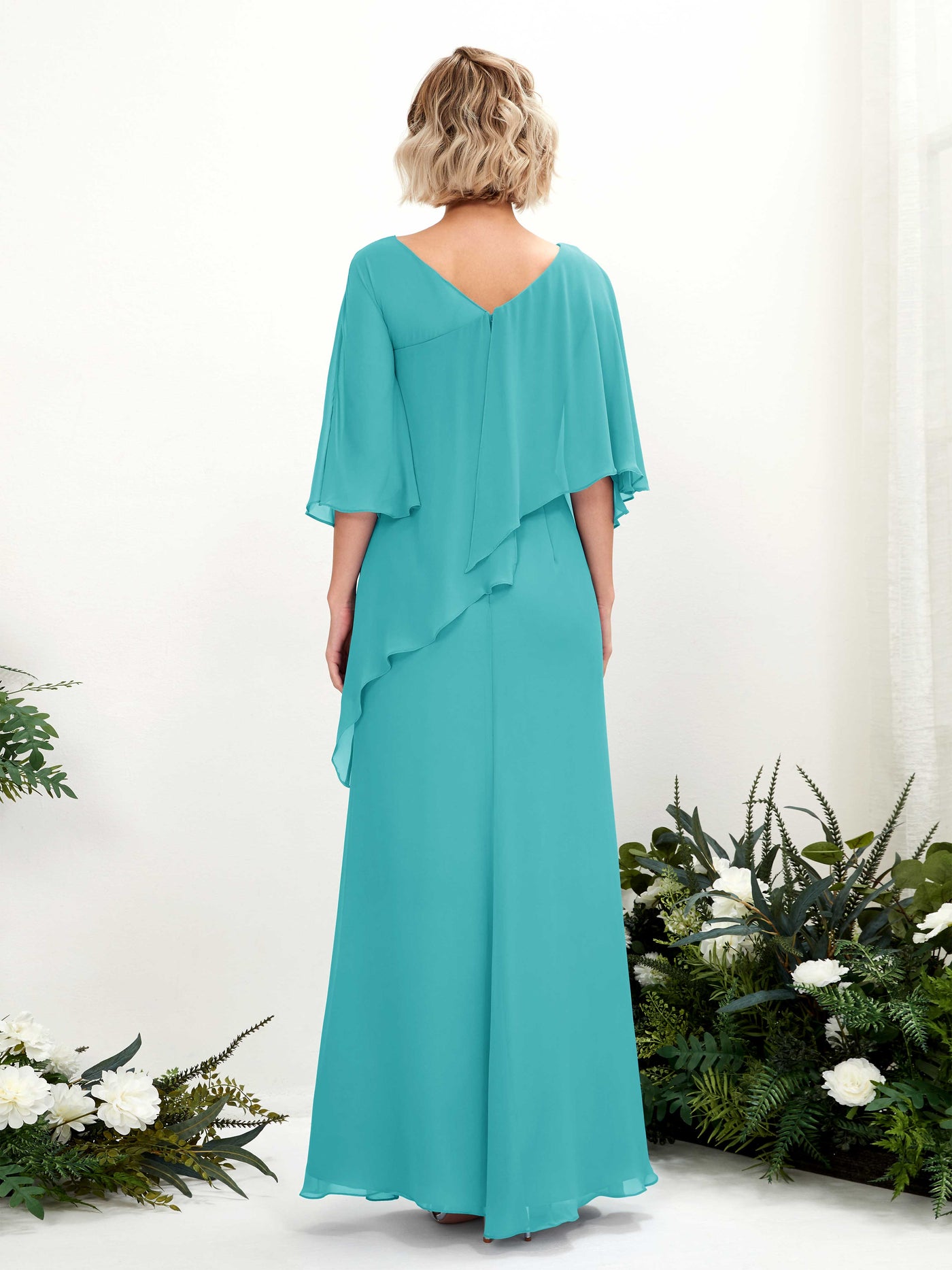 V-neck 3/4 Sleeves Chiffon Bridesmaid Dress - Turquoise (81222523)#color_turquoise