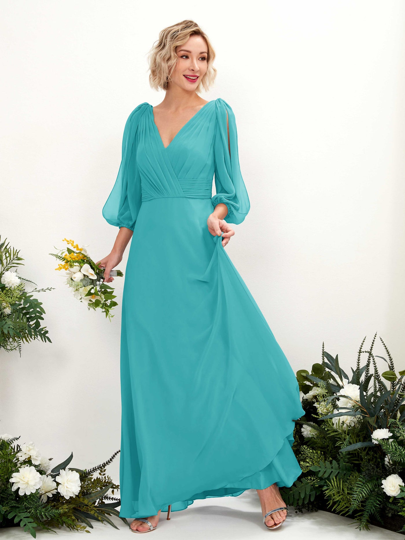V-neck 3/4 Sleeves Chiffon Bridesmaid Dress - Turquoise (81223523)#color_turquoise