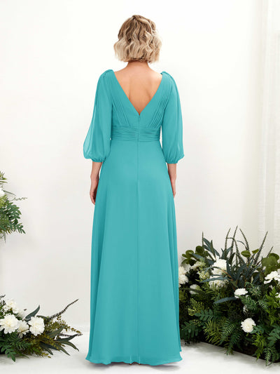 Carlyna Antonia A-Line Turquoise Bridesmaid Dress Maxi Three Quarter Sleeve V-Neck Dress Back View #color_turquoise