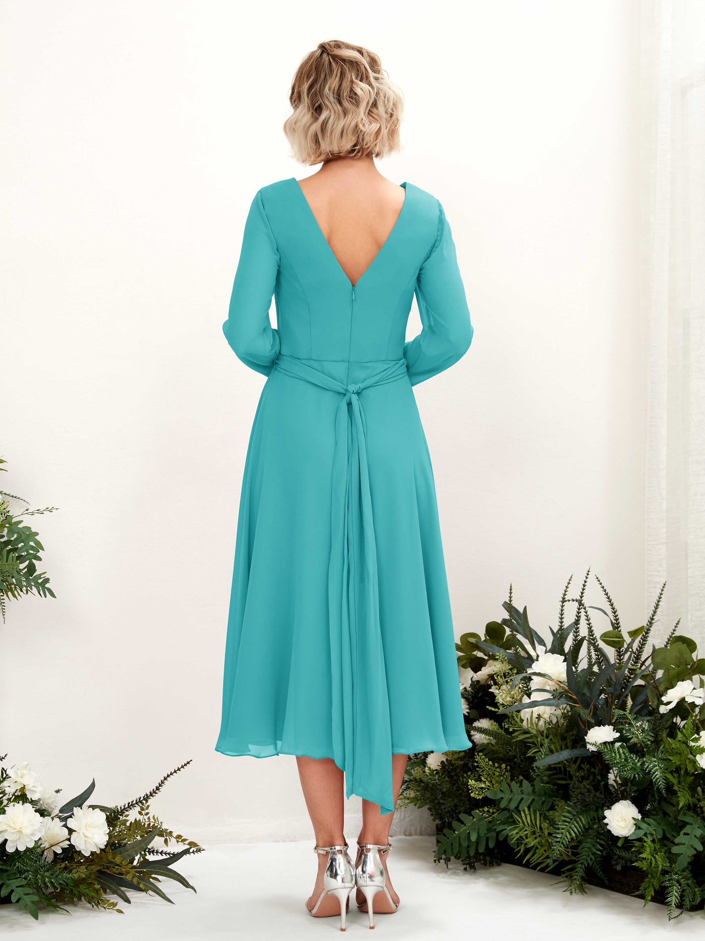 V-neck Long Sleeves Chiffon Bridesmaid Dress - Turquoise (81223323)#color_turquoise