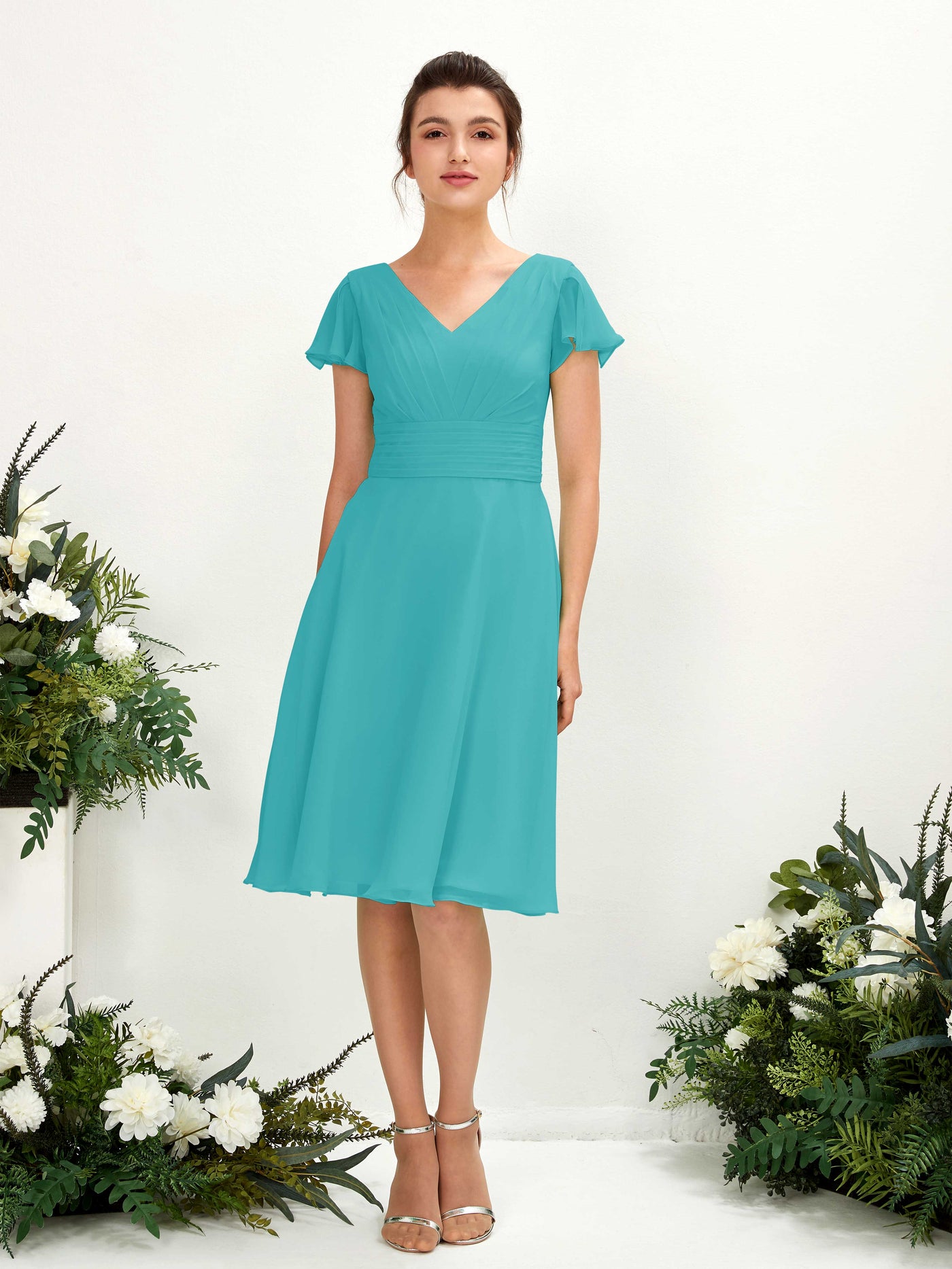 V-neck Short Sleeves Chiffon Bridesmaid Dress - Turquoise (81220223)#color_turquoise